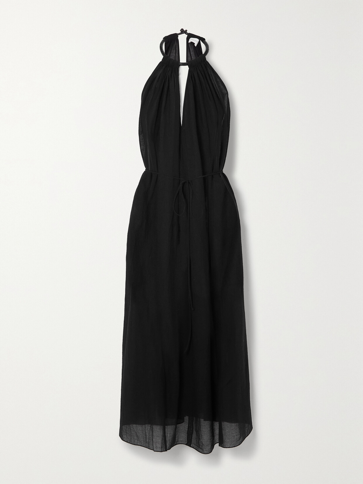 Three Graces London Rhian Leather-trimmed Cotton-voile Halterneck Midi Dress - Black