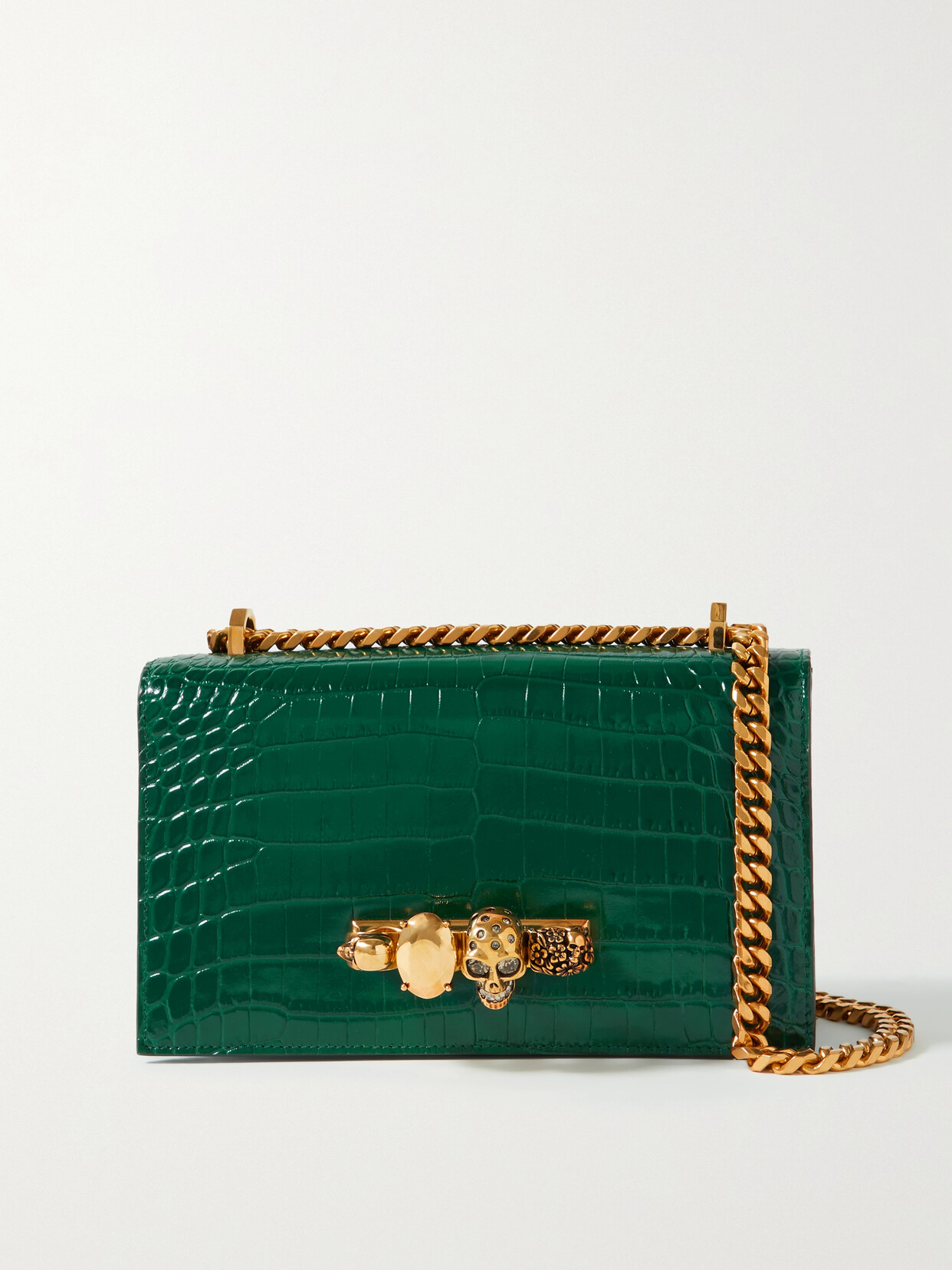 Alexander Mcqueen Embellished Croceffect Leather Shoulder Bag In Green