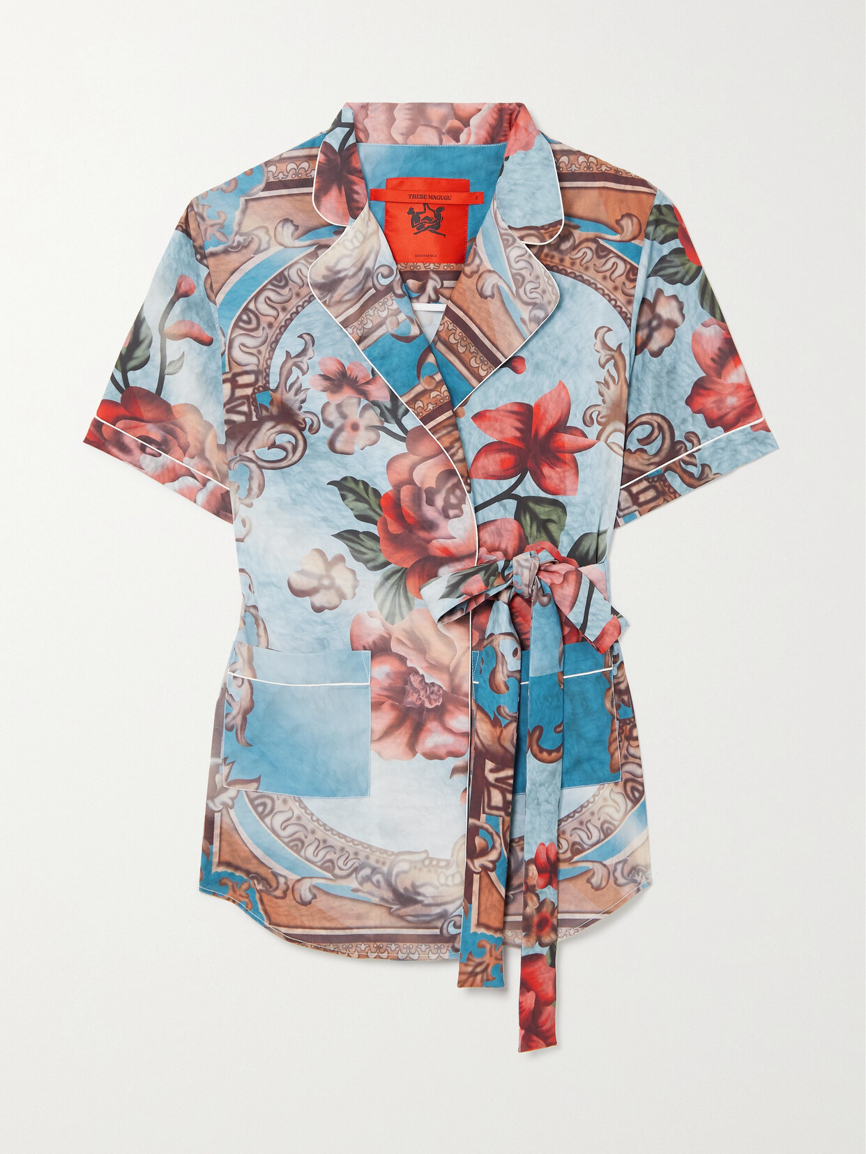 Thebe Magugu Piped Printed Satin Wrap Shirt In Blue