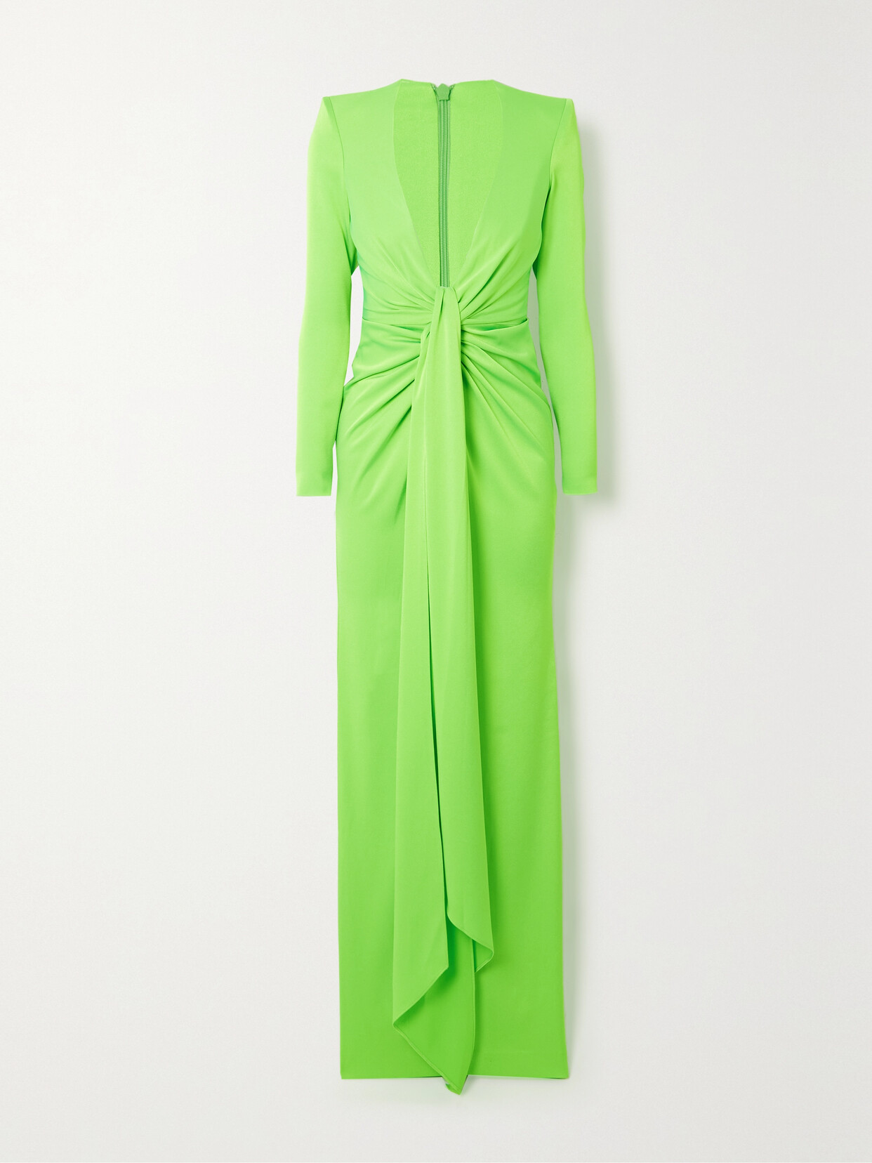 Alex Perry Banner Plunging Gathered Drape Strong-shoulder Gown In Green