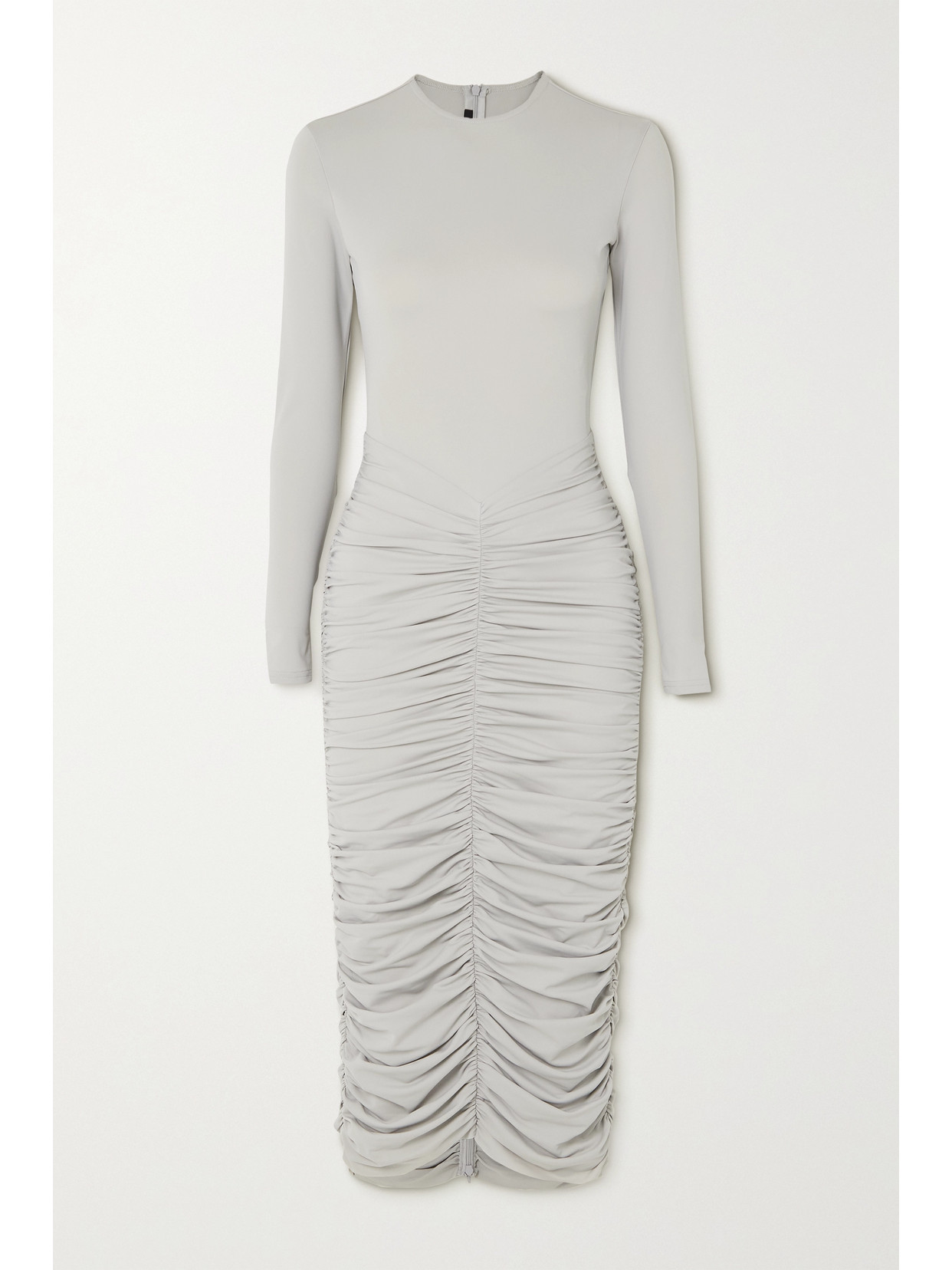 Alex Perry Presley Ruched Stretch-jersey Midi Dress In Hellgrau