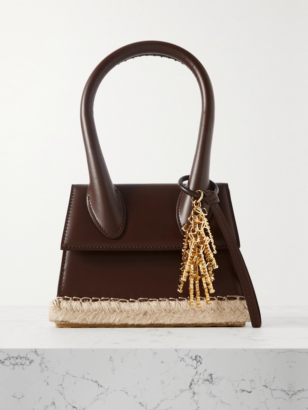 Jacquemus Le Chiquito Moyen Cordao Embellished Raffia-trimmed Leather Tote In Brown