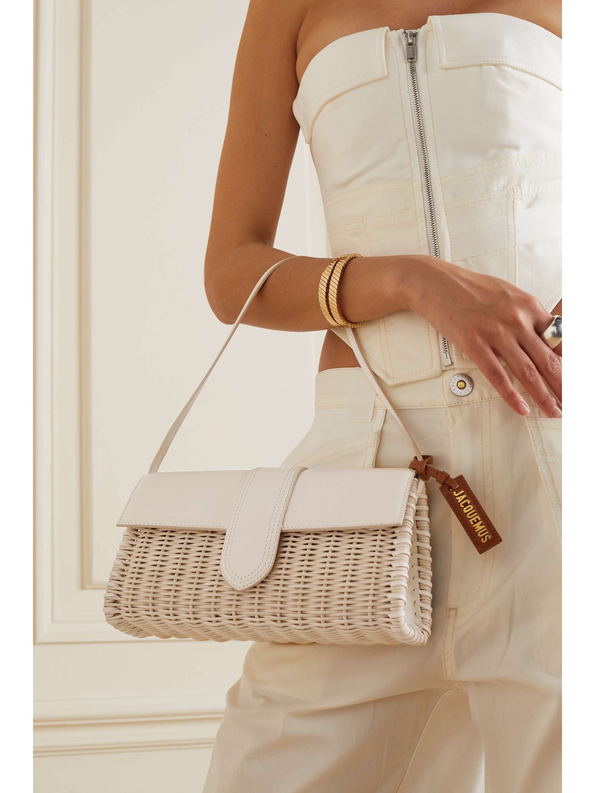 JACQUEMUS Le Bambino Long leathertrimmed wicker shoulder bag NETA