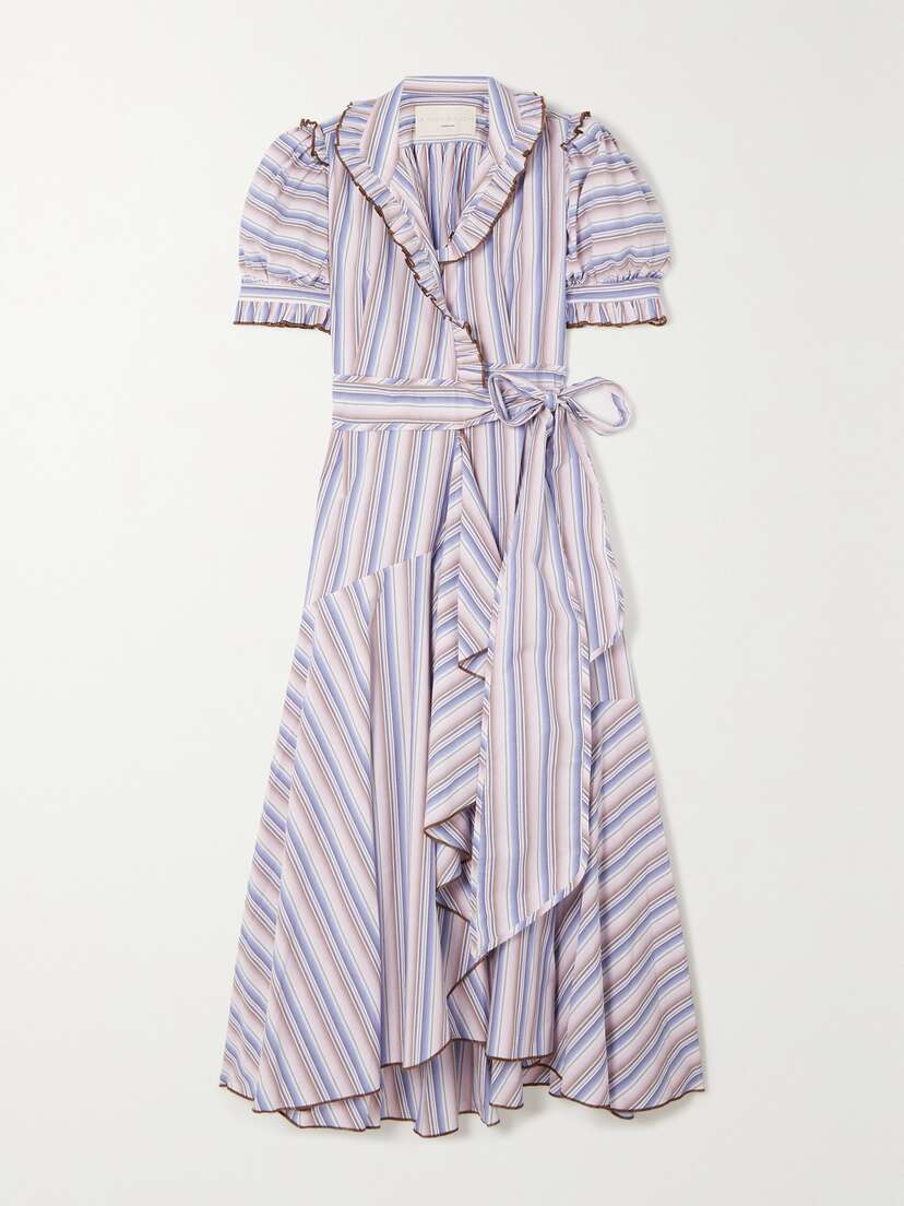 Anna Mason Stella Ruffled Striped Cotton-poplin Midi Wrap Dress
