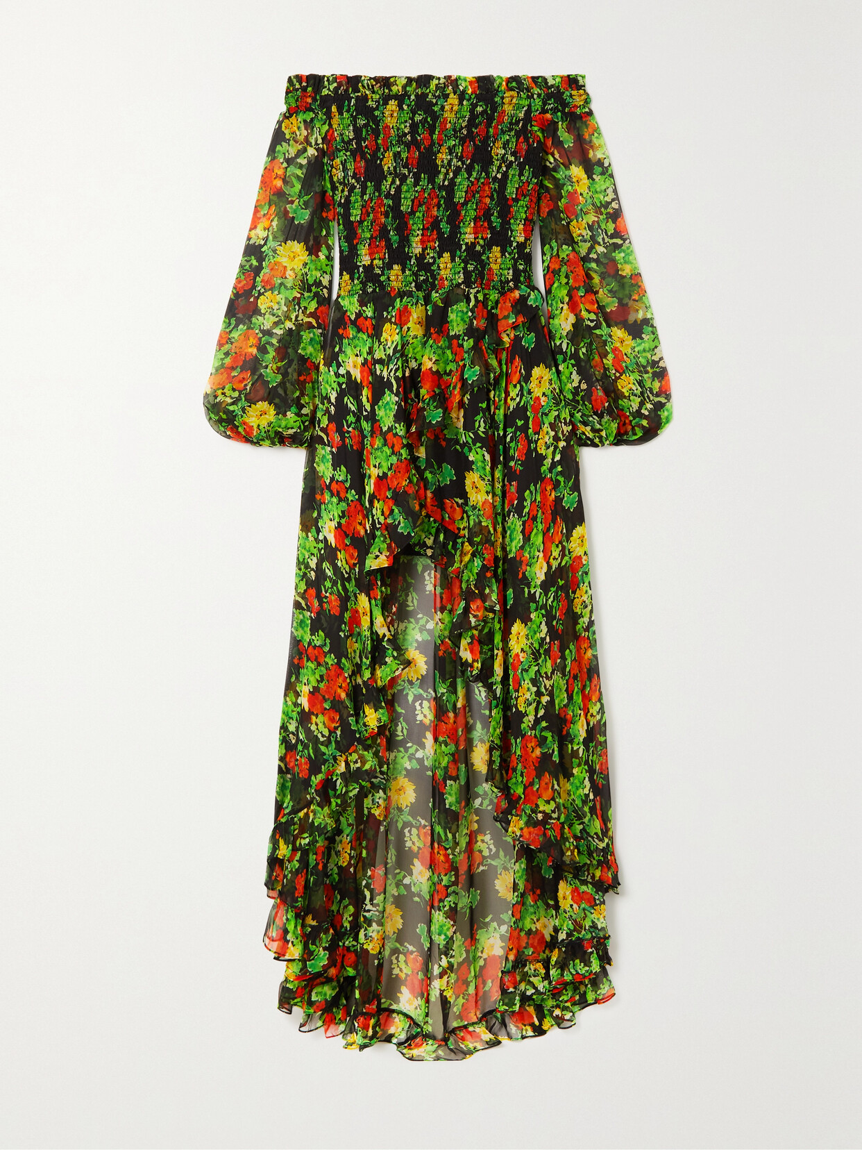 CAROLINE CONSTAS AMBROSSIA OFF-THE-SHOULDER ASYMMETRIC FLORAL-PRINT SILK-CHIFFON MAXI DRESS