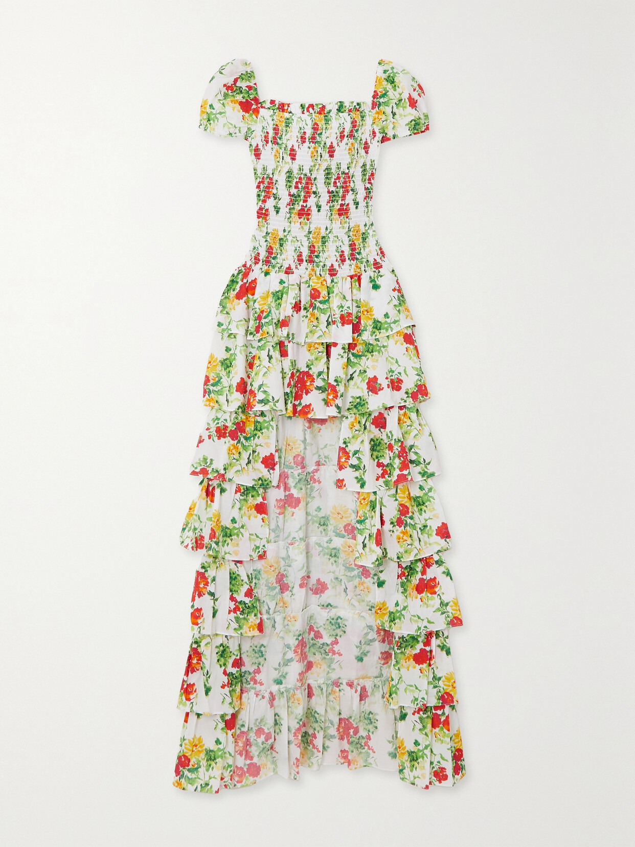 CAROLINE CONSTAS Malta Shirred Tiered Floral-print Cotton-voile Gown - White