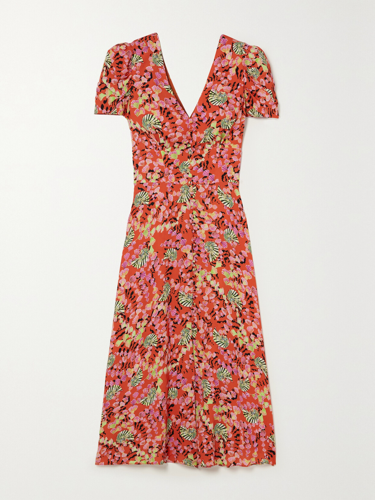 Saloni - Margot Button-embellished Printed Crepe De Chine Midi Dress - Red