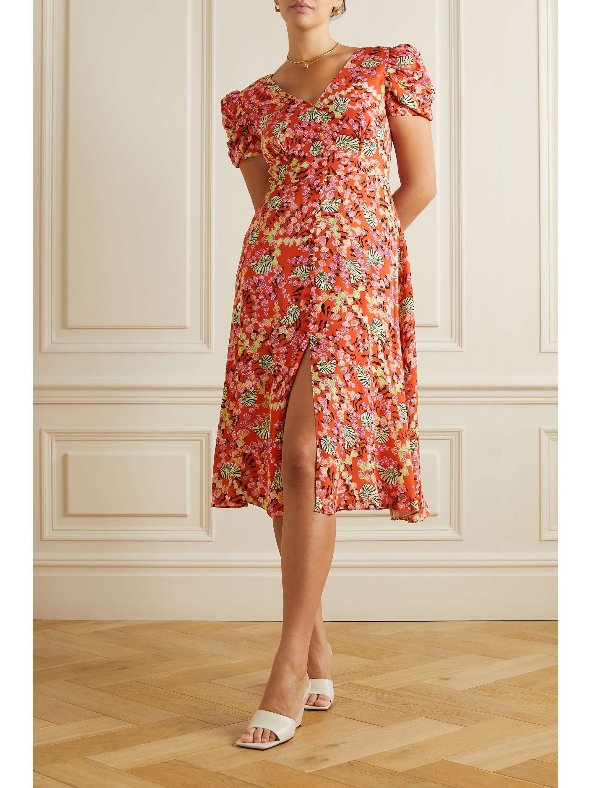 Margot button-embellished printed crepe de chine midi dress