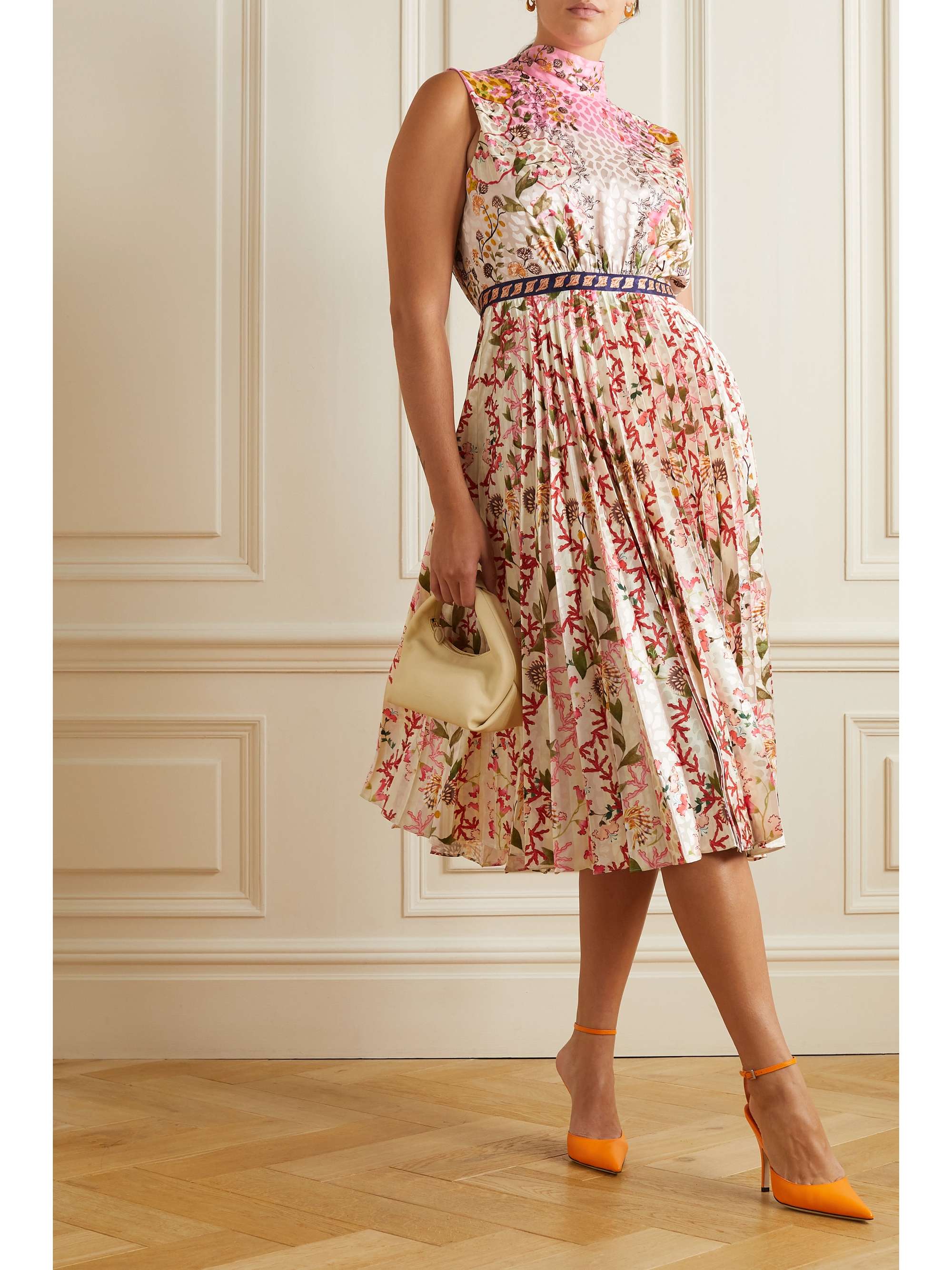 Fleur pleated printed satin-jacquard midi dress