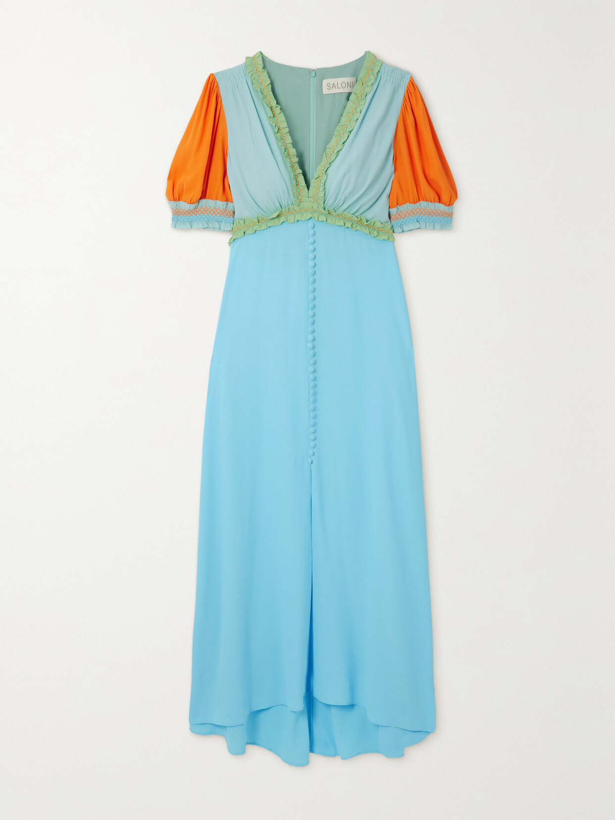 Saloni - Lea Smocked Color-block Crepe Midi Dress - Blue