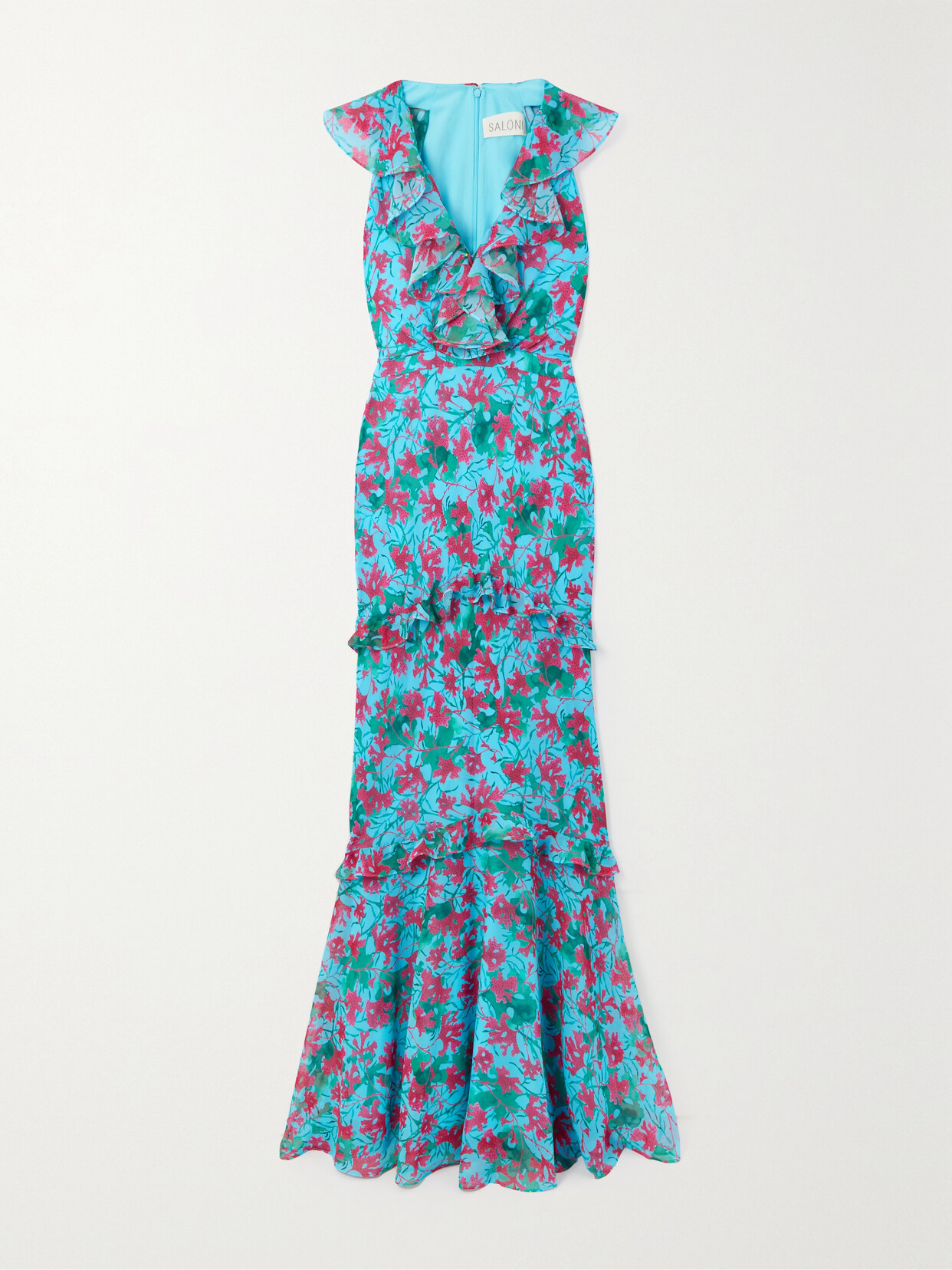 Saloni - Rita Ruffled Floral-print Silk-voile Maxi Dress - Blue