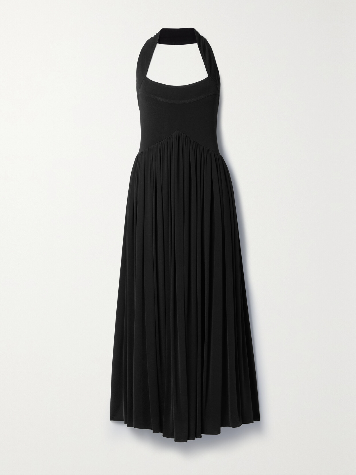 KHAITE MARISOL PLEATED STRETCH-JERSEY HALTERNECK MIDI DRESS