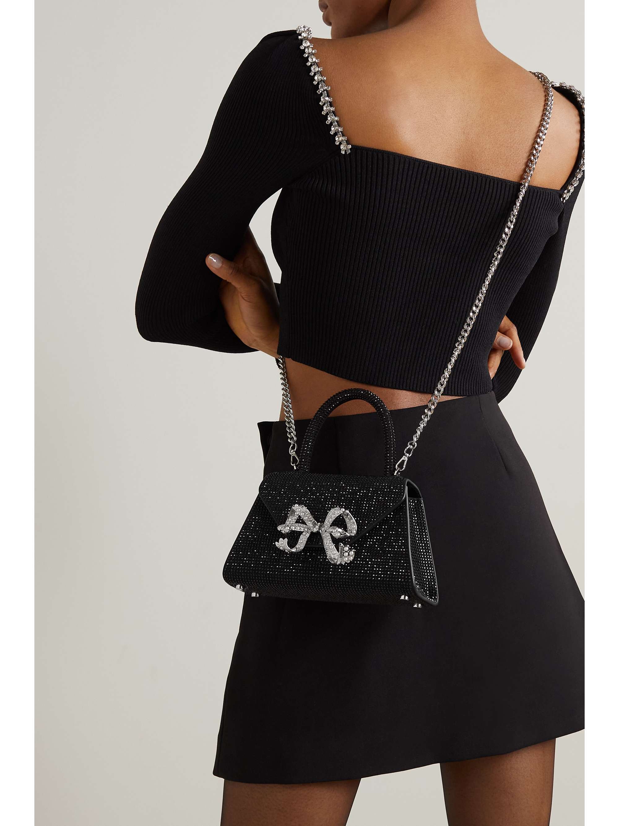 SELF-PORTRAIT Bow-detailed embellished suede shoulder bag
