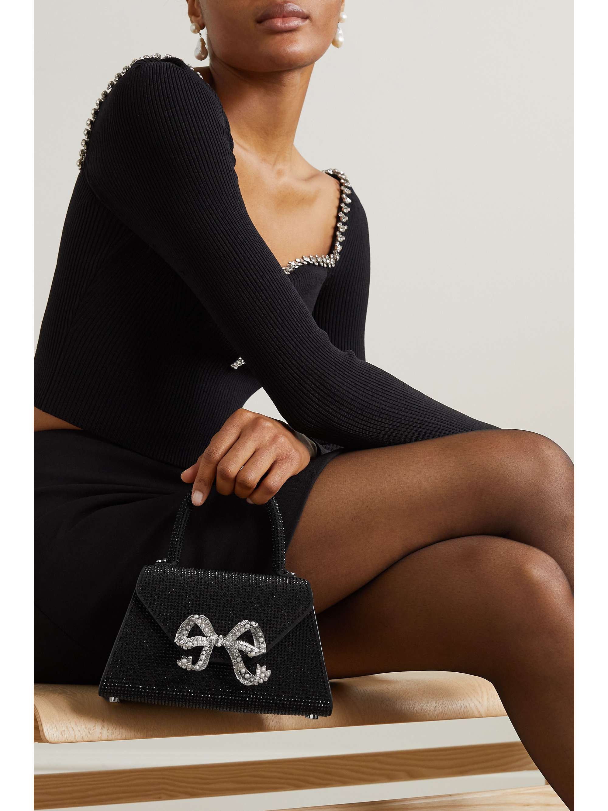 SELF-PORTRAIT Bow-detailed embellished suede shoulder bag