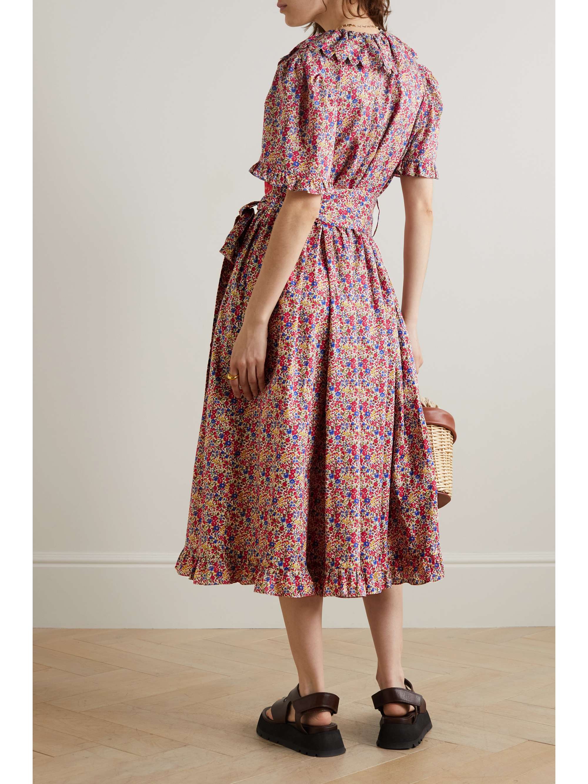 HORROR VACUI Robe midi en coton à imprimé fleuri, volants, ceinture et festons Angela
