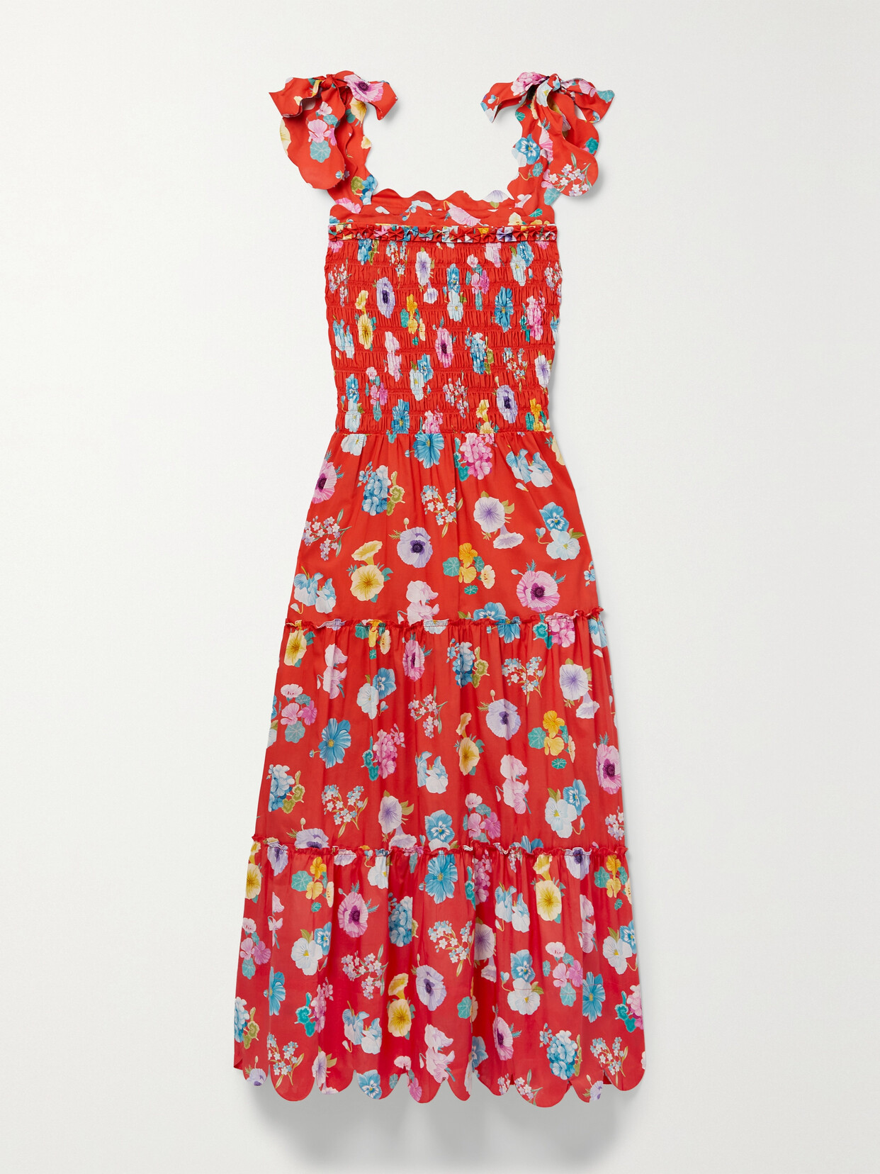 Horror Vacui Isa Scalloped Tiered Floral-print Cotton Midi Dress In Red