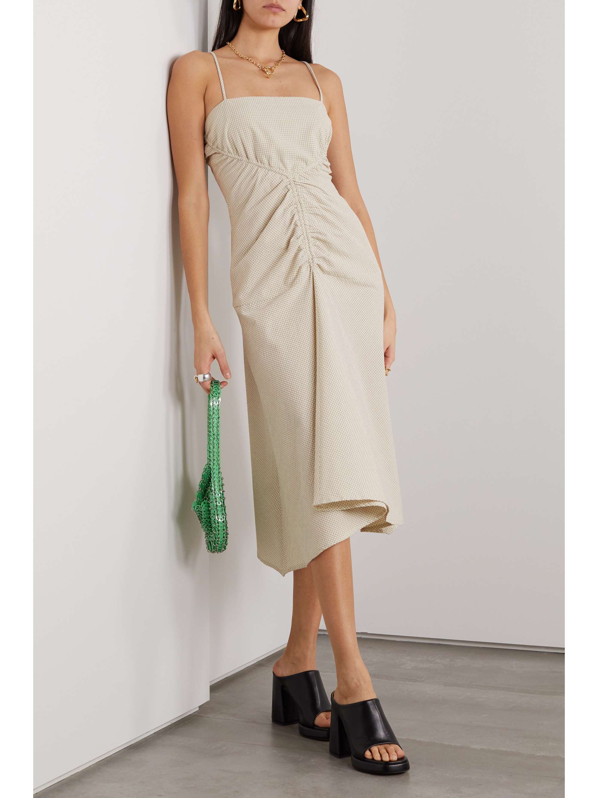 PROENZA SCHOULER WHITE LABEL 깅엄 주름 우븐 미디 드레스