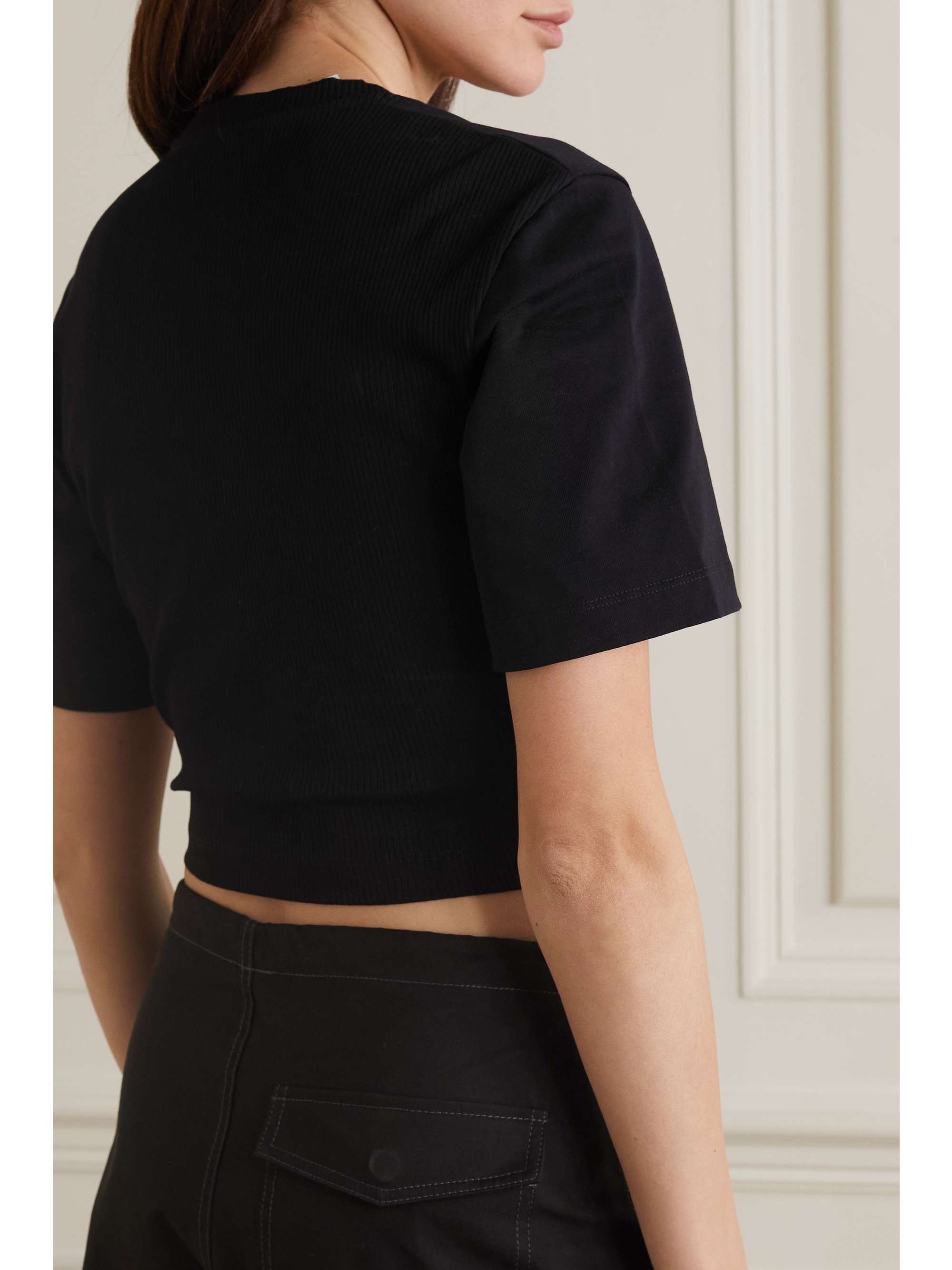 DION LEE Cropped canvas-paneled ribbed stretch-cotton jersey T-shirt