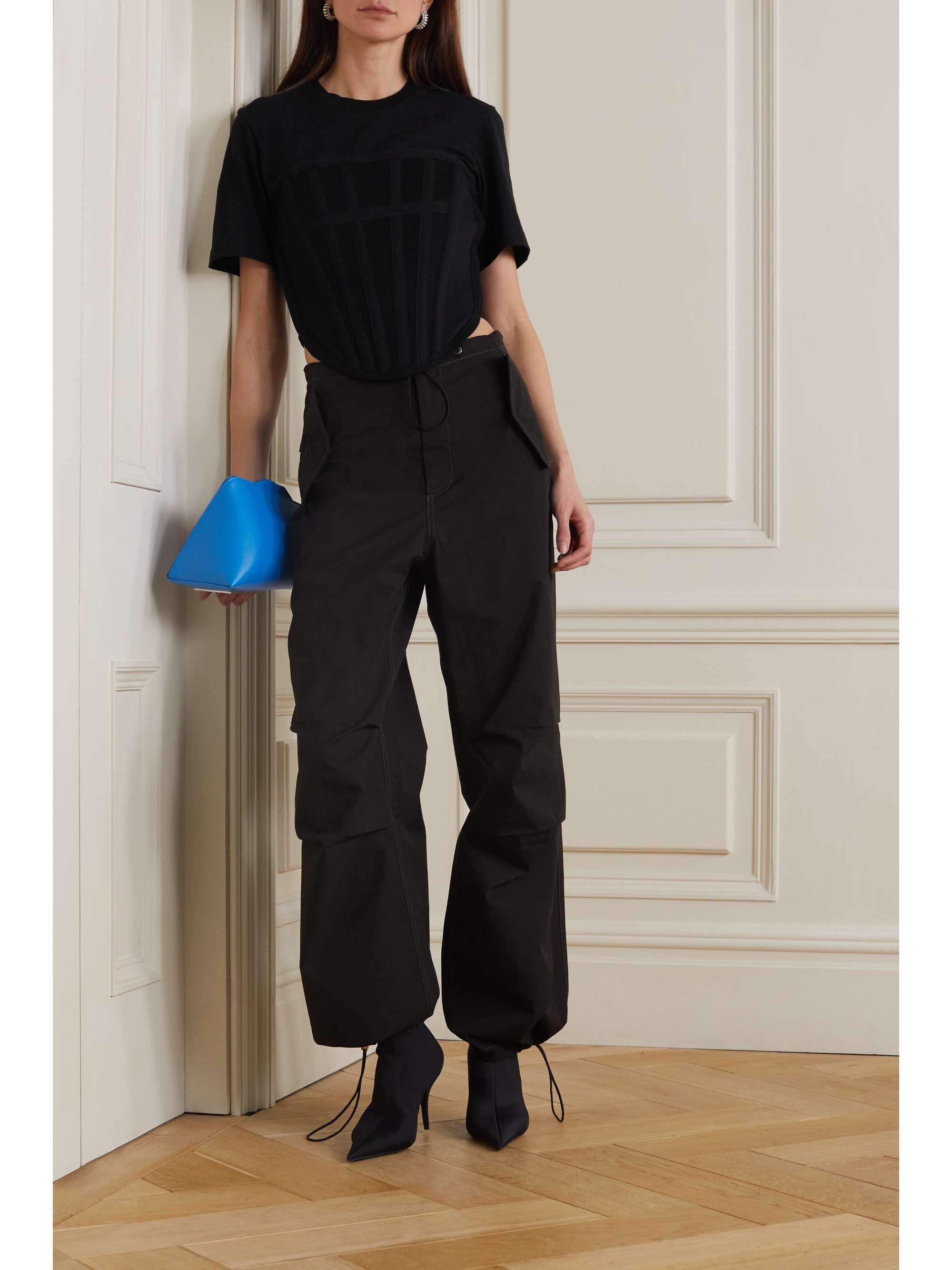 DION LEE Cropped canvas-paneled ribbed stretch-cotton jersey T-shirt