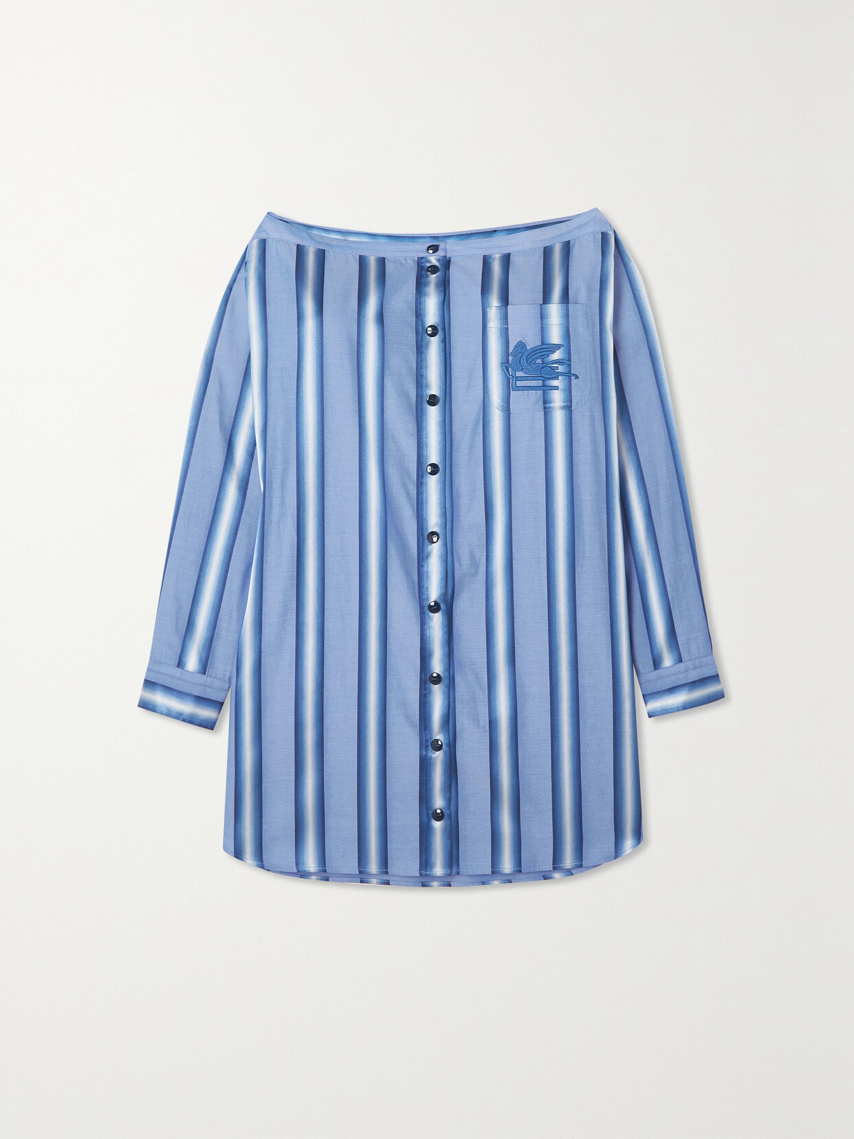 Etro - Off-the-shoulder Embroidered Striped Cotton And Silk-blend Mini Shirt Dress - Blue