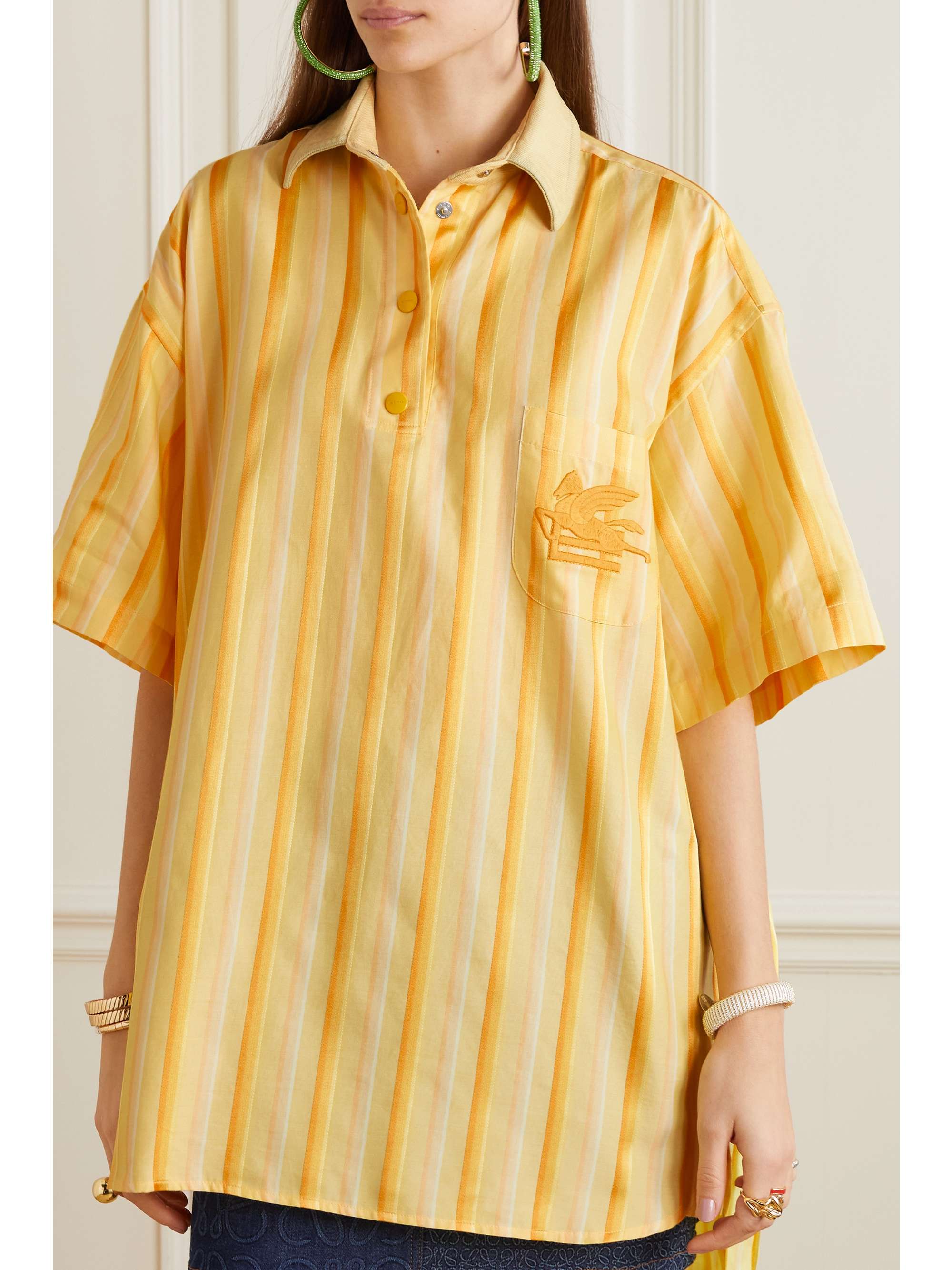 ETRO Oversized embroidered striped cotton and silk-blend shirt