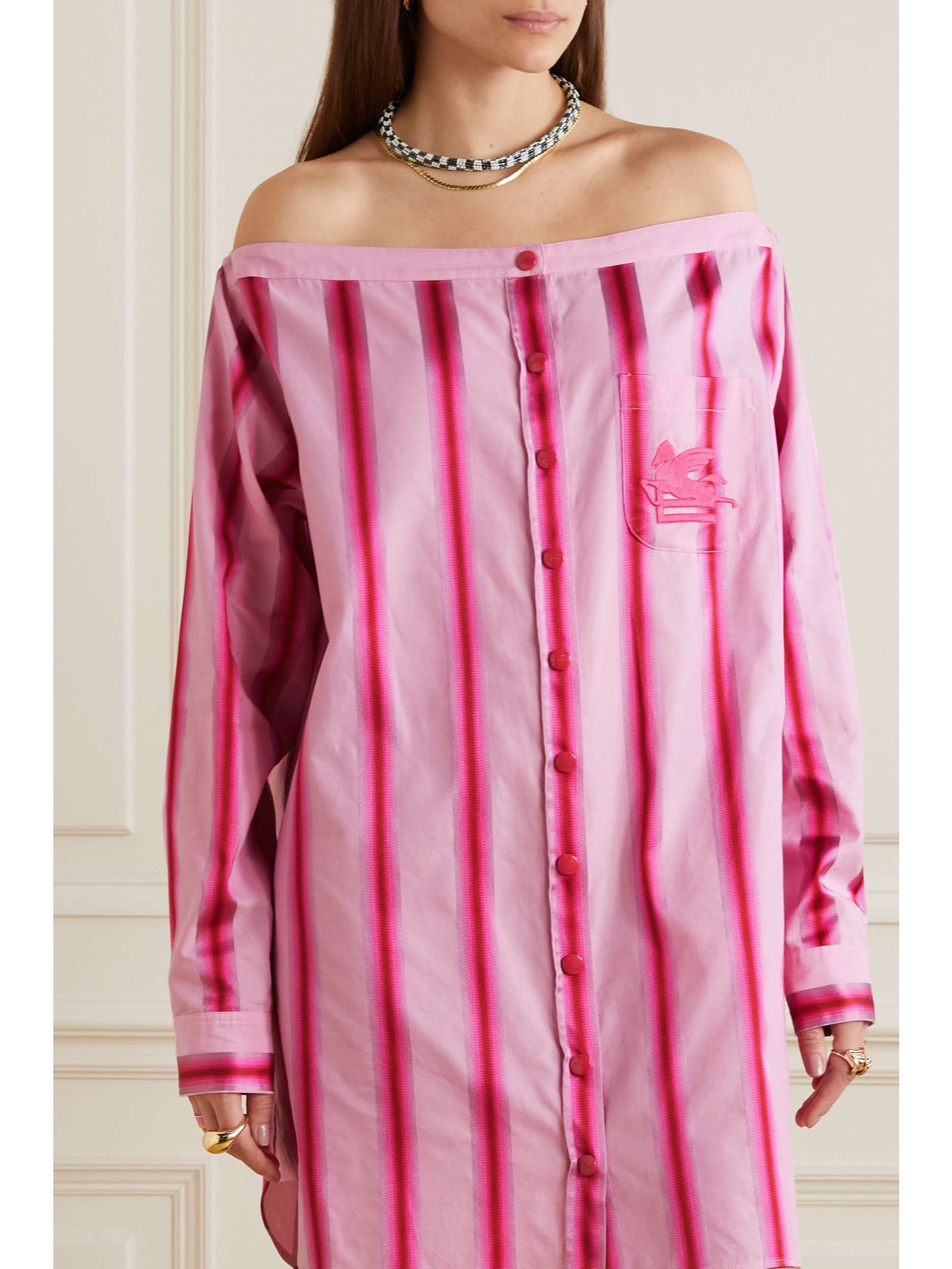 ETRO Off-the-shoulder embroidered striped cotton and silk-blend mini shirt dress