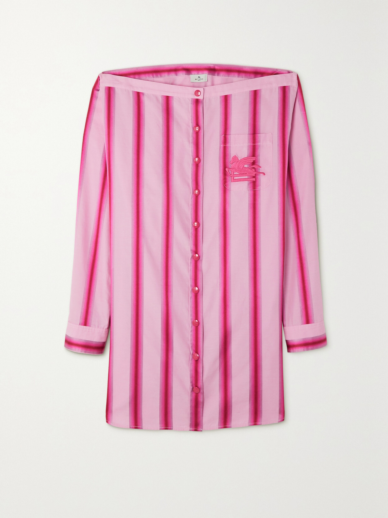 Etro - Off-the-shoulder Embroidered Striped Cotton And Silk-blend Mini Shirt Dress - Pink