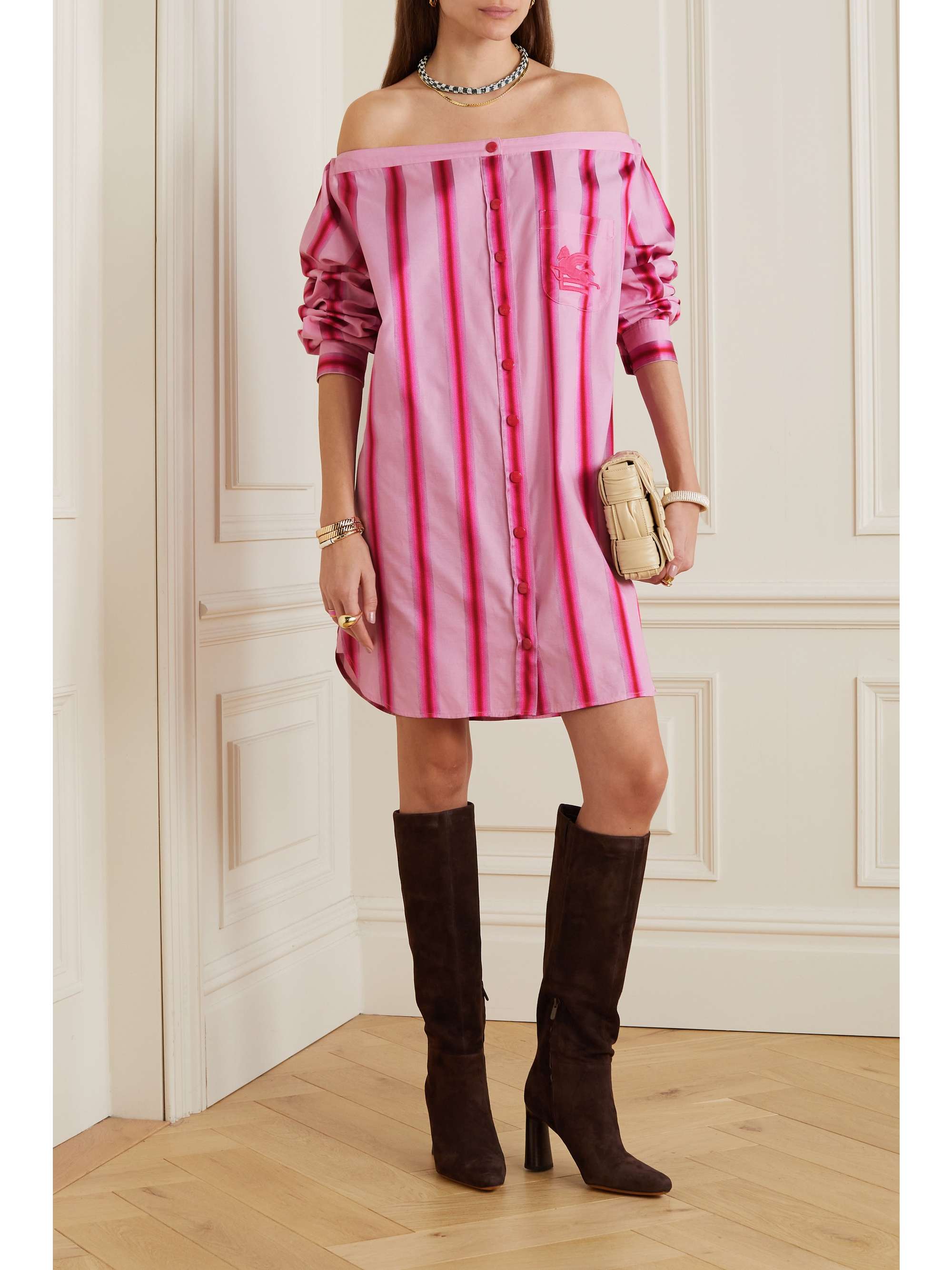 ETRO Off-the-shoulder embroidered striped cotton and silk-blend mini shirt dress