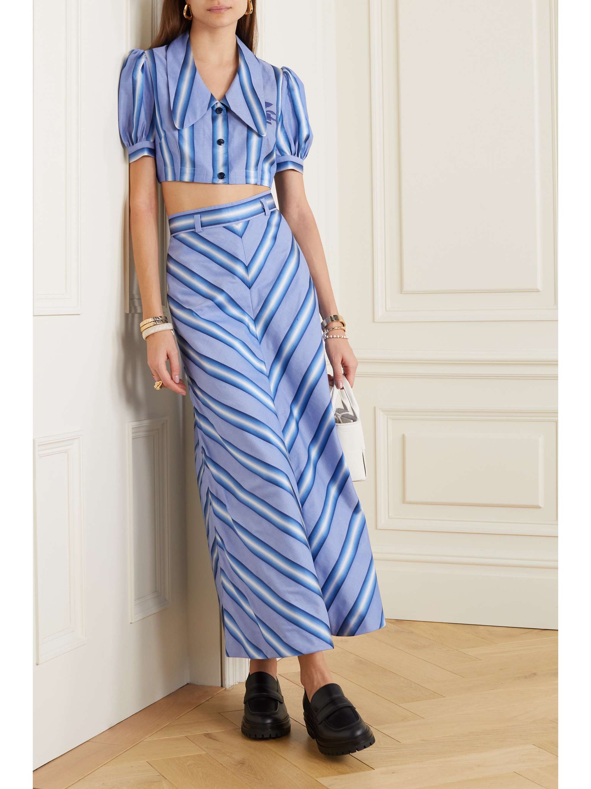 ETRO Cropped embroidered striped cotton and silk-blend shirt