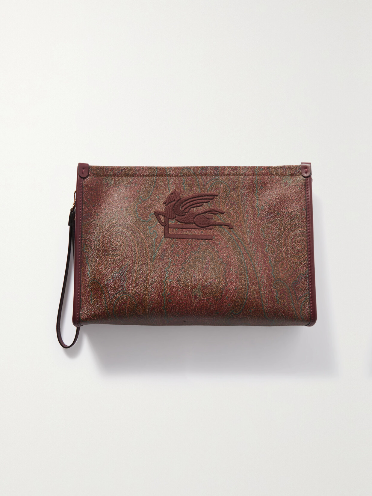 Etro - Leather-trimmed Embroidered Paisley-print Coated-canvas Pouch - Brown