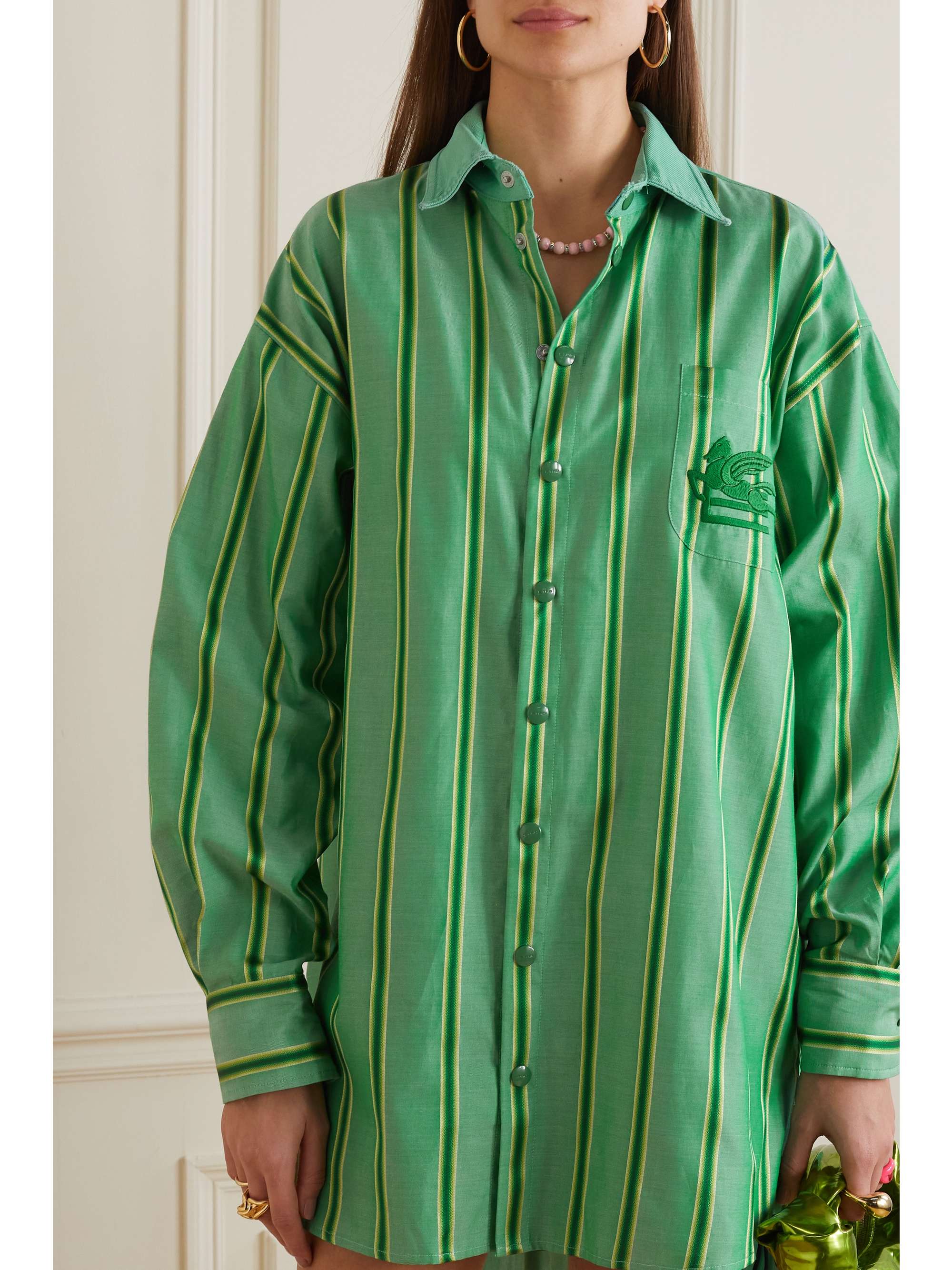 ETRO Oversized embroidered striped cotton and silk-blend shirt