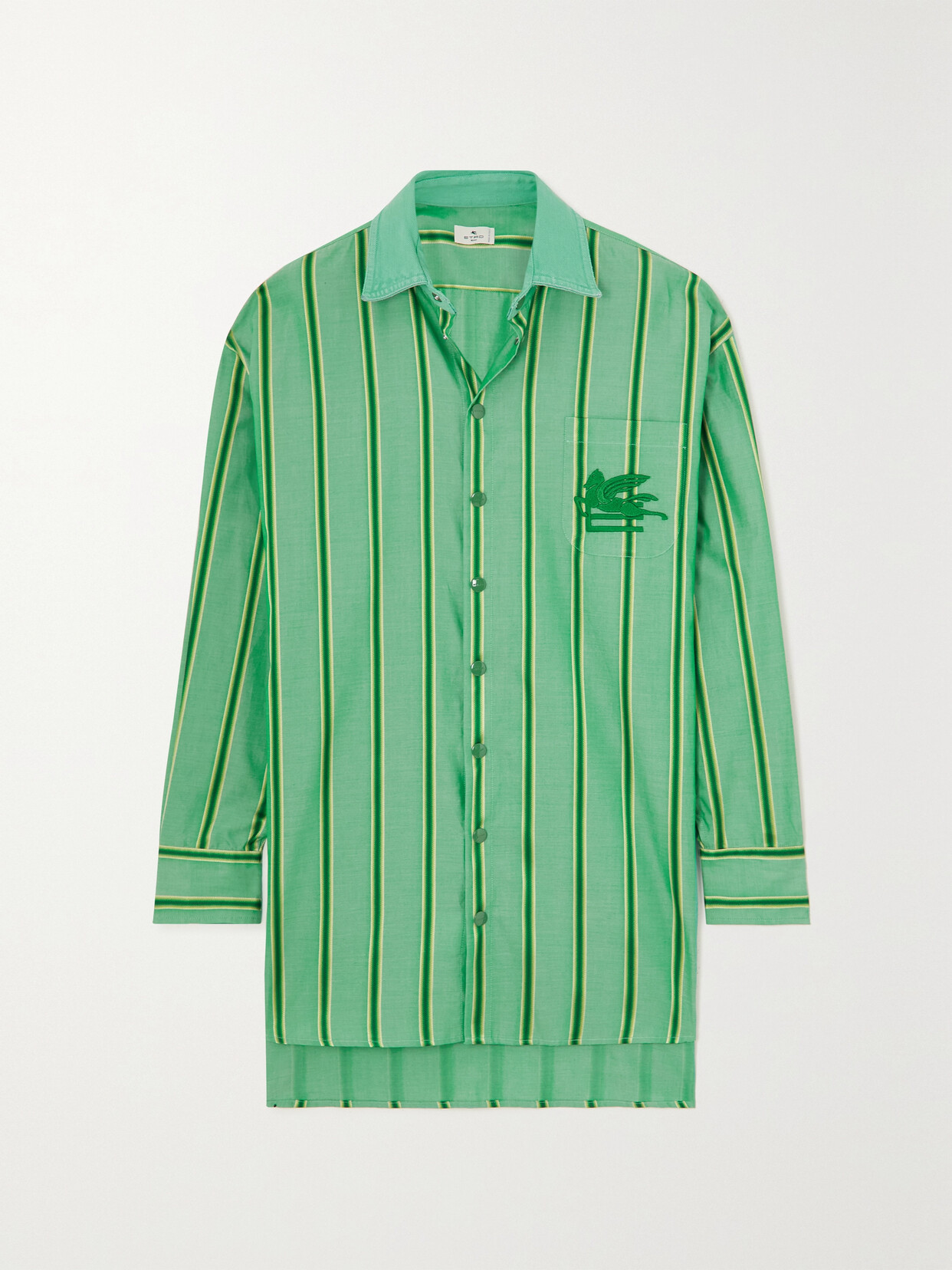 Etro - Oversized Embroidered Striped Cotton And Silk-blend Shirt - Green