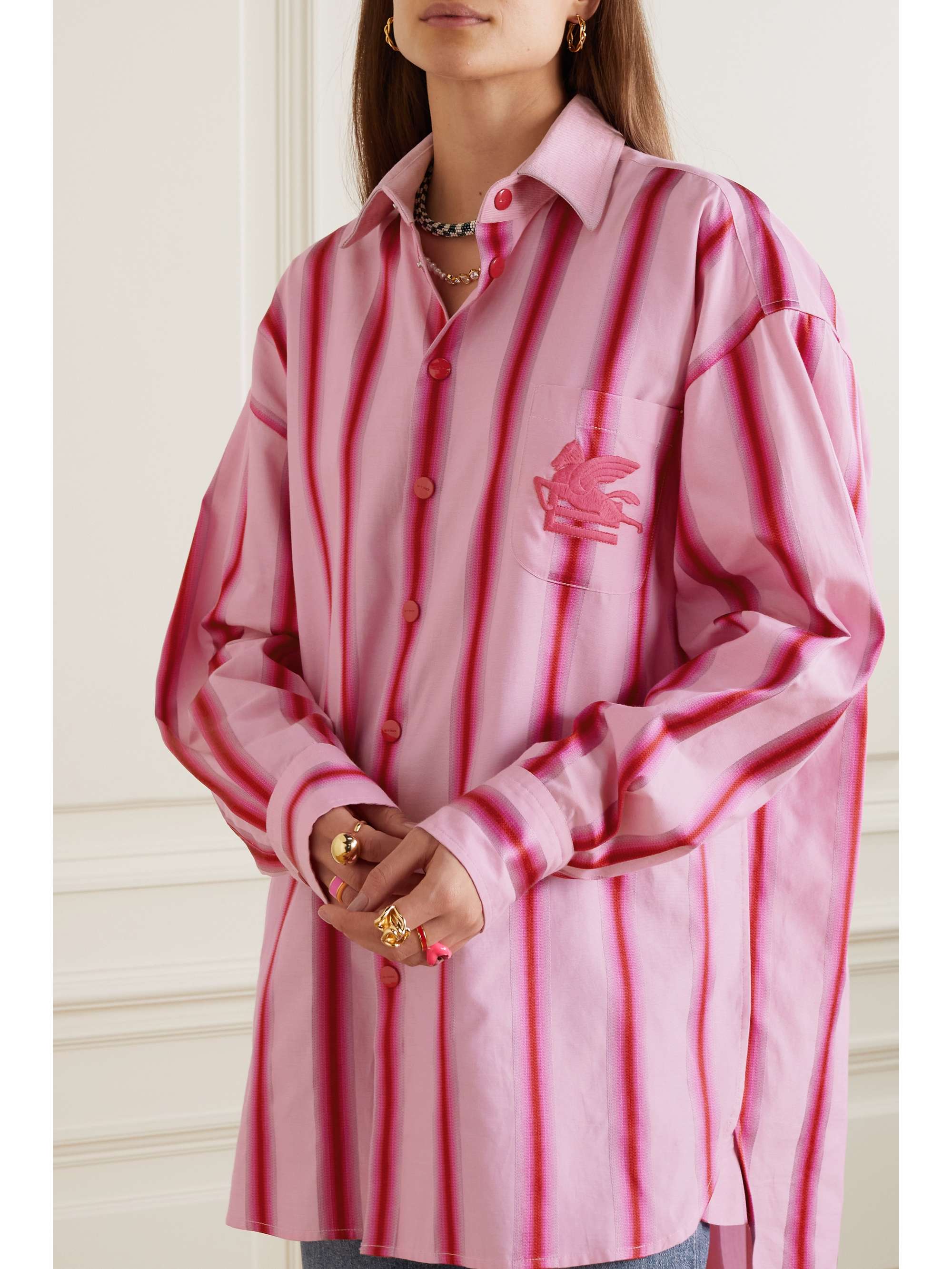 ETRO Oversized embroidered striped cotton and silk-blend shirt