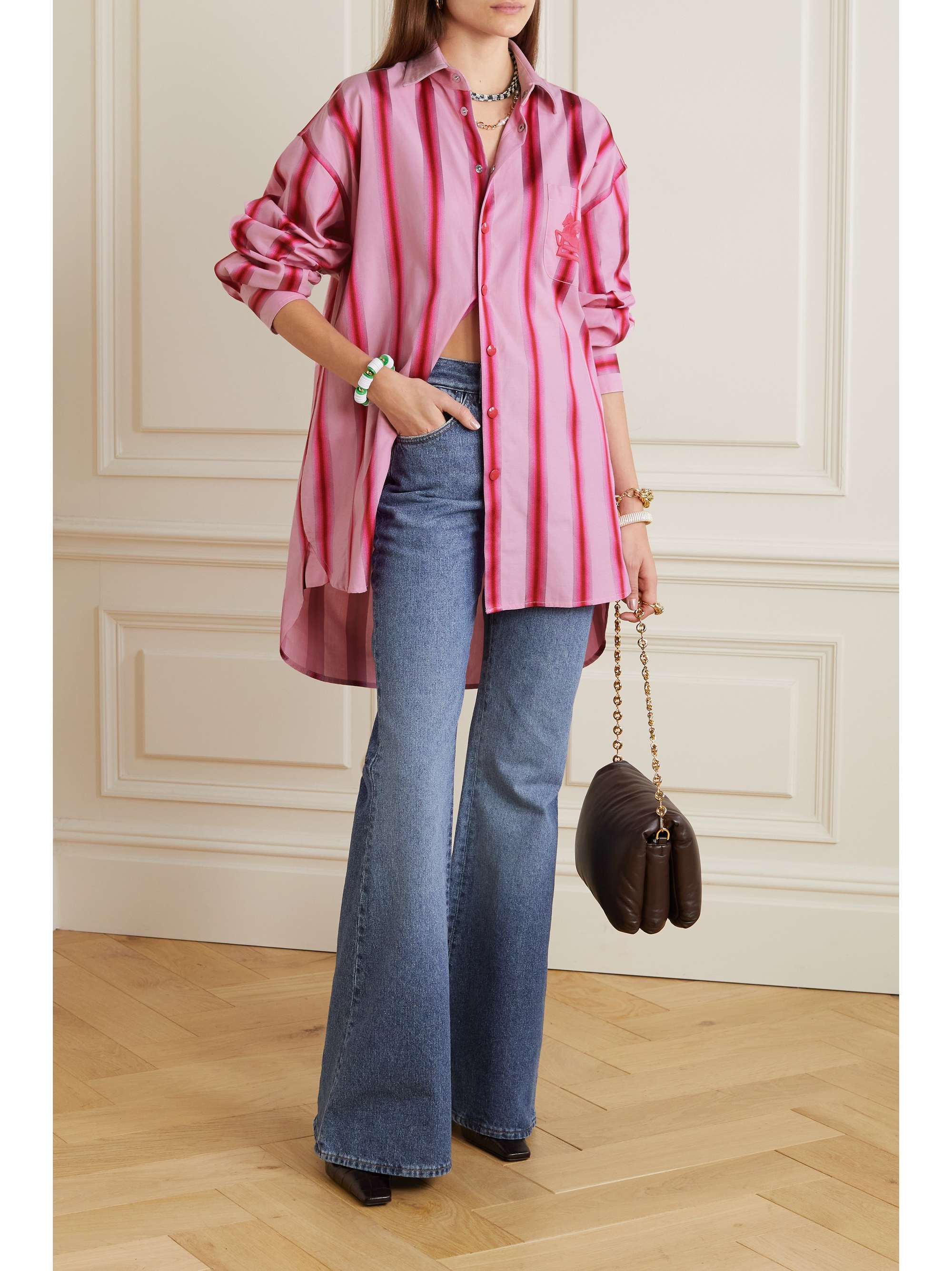 ETRO Oversized embroidered striped cotton and silk-blend shirt
