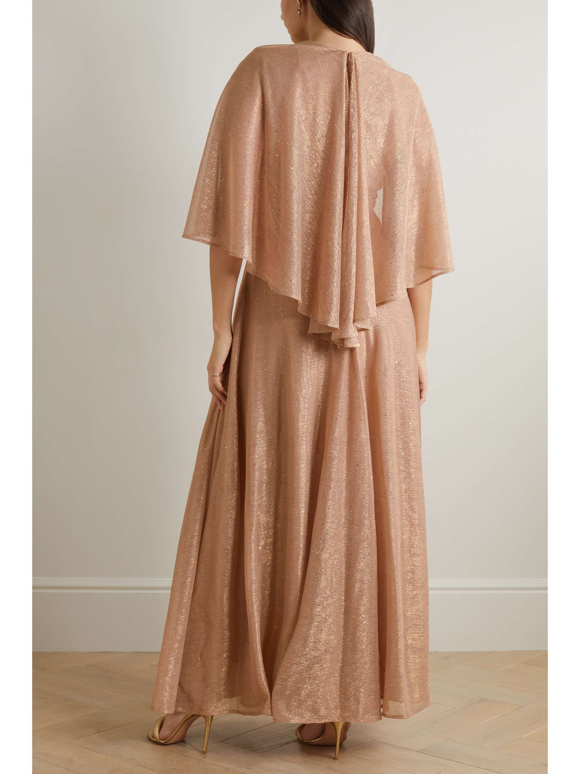 TALBOT RUNHOF Cape-effect twist-front sequin-embellished metallic voile gown
