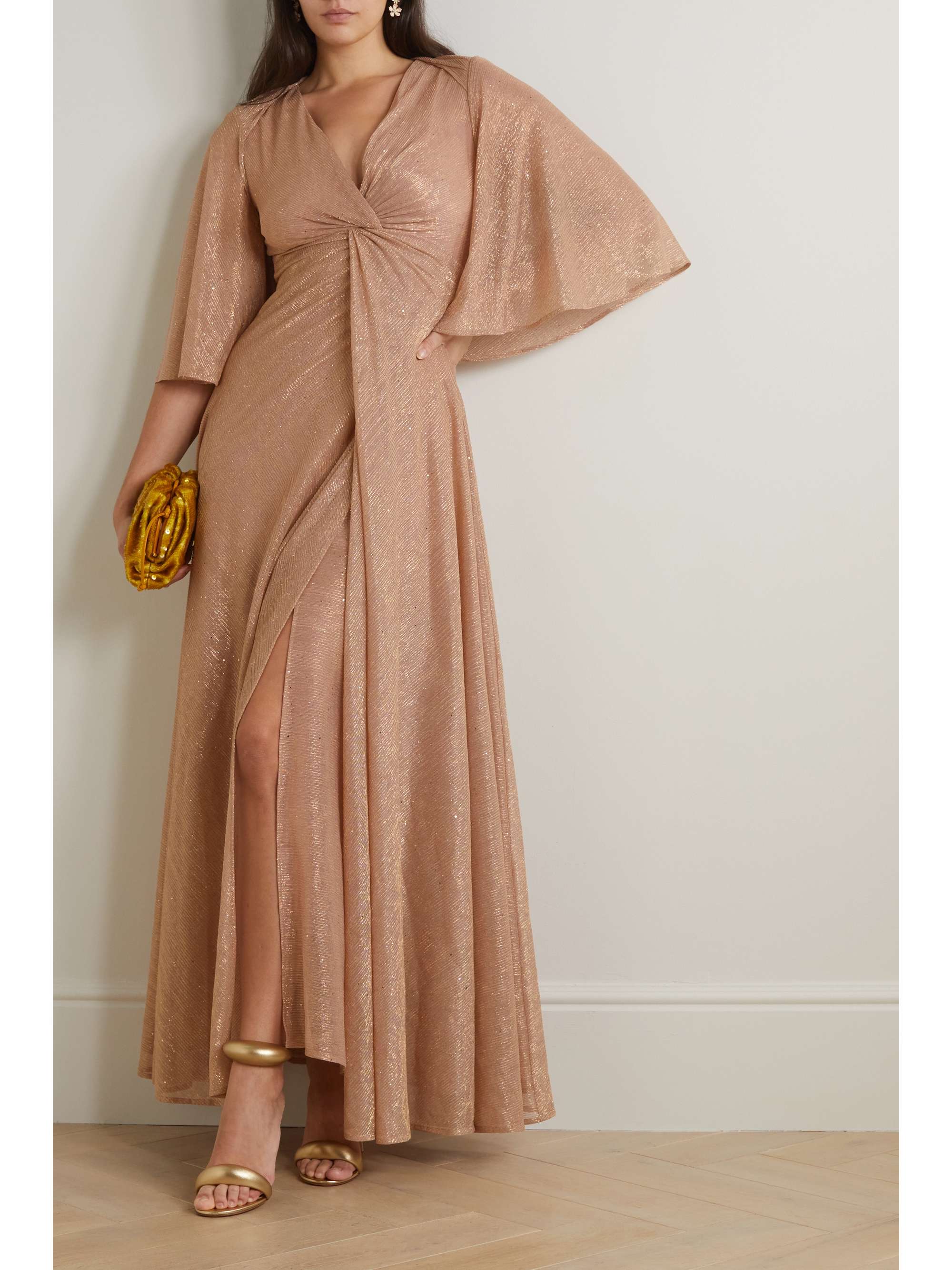 TALBOT RUNHOF Cape-effect twist-front sequin-embellished metallic voile gown