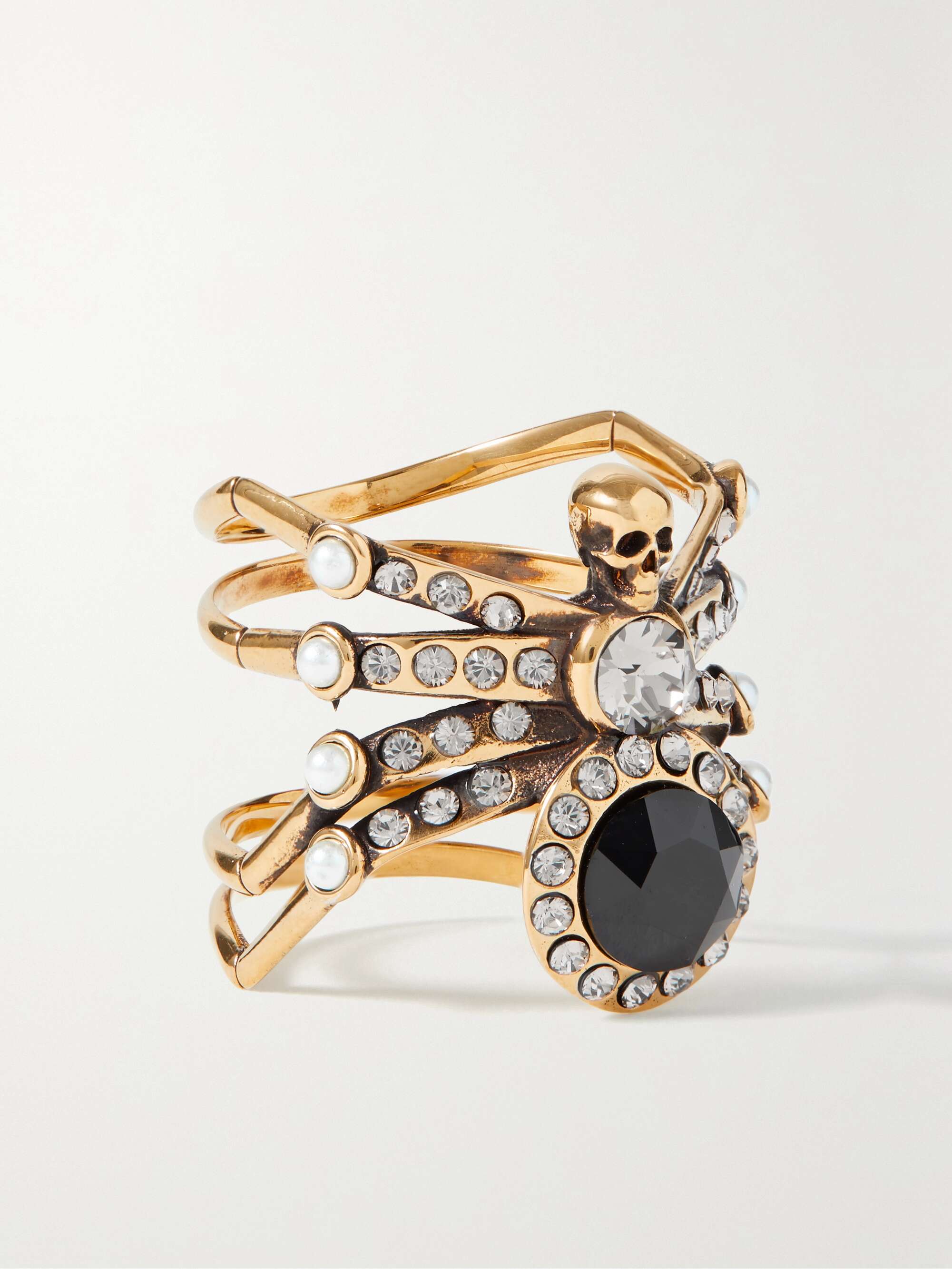 Spider gold-tone, crystal and faux pearl ring