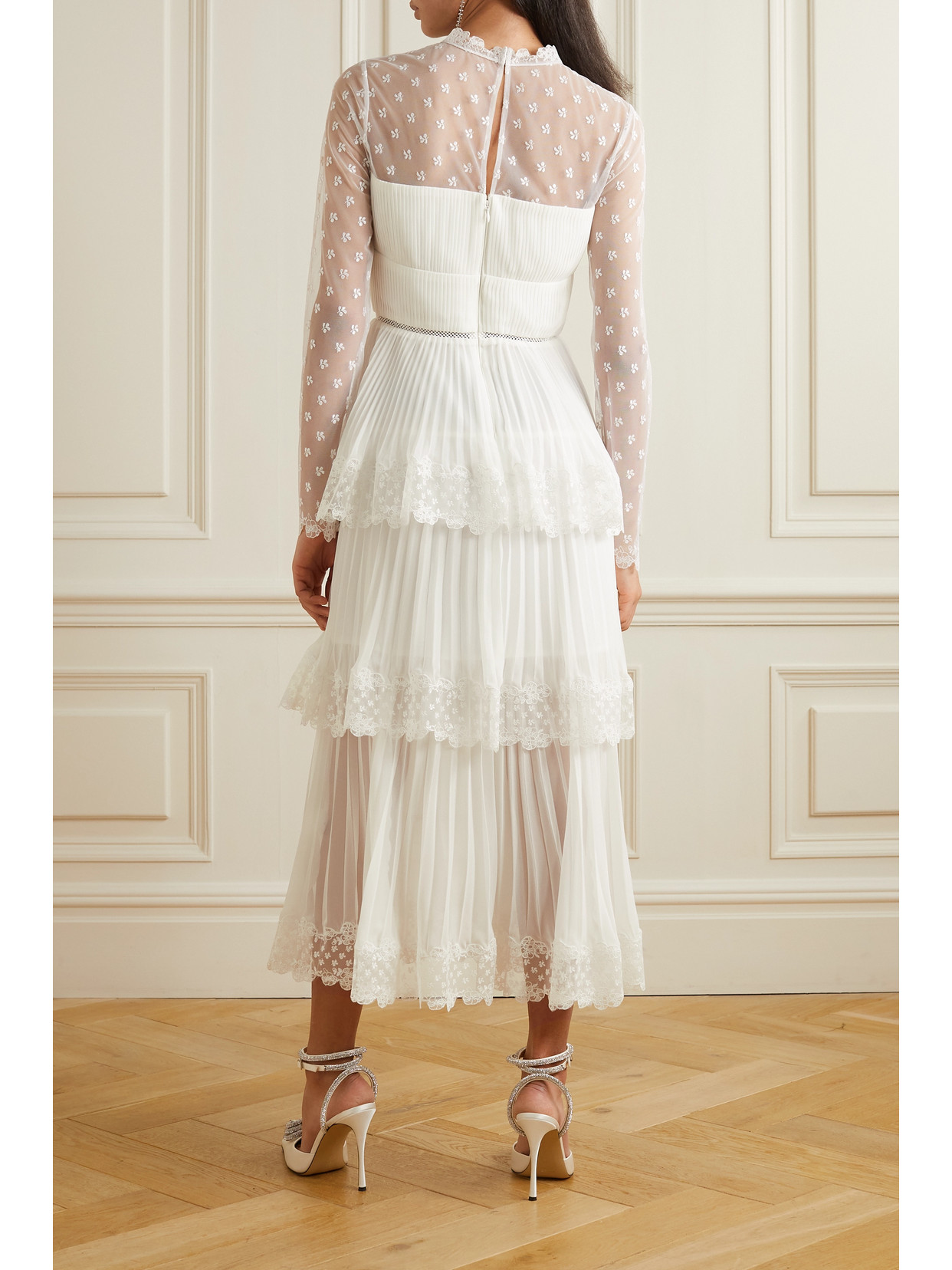 Tiered Lace-trimmed Embroidered Tulle And Pleated Chiffon Midi Dress In  White