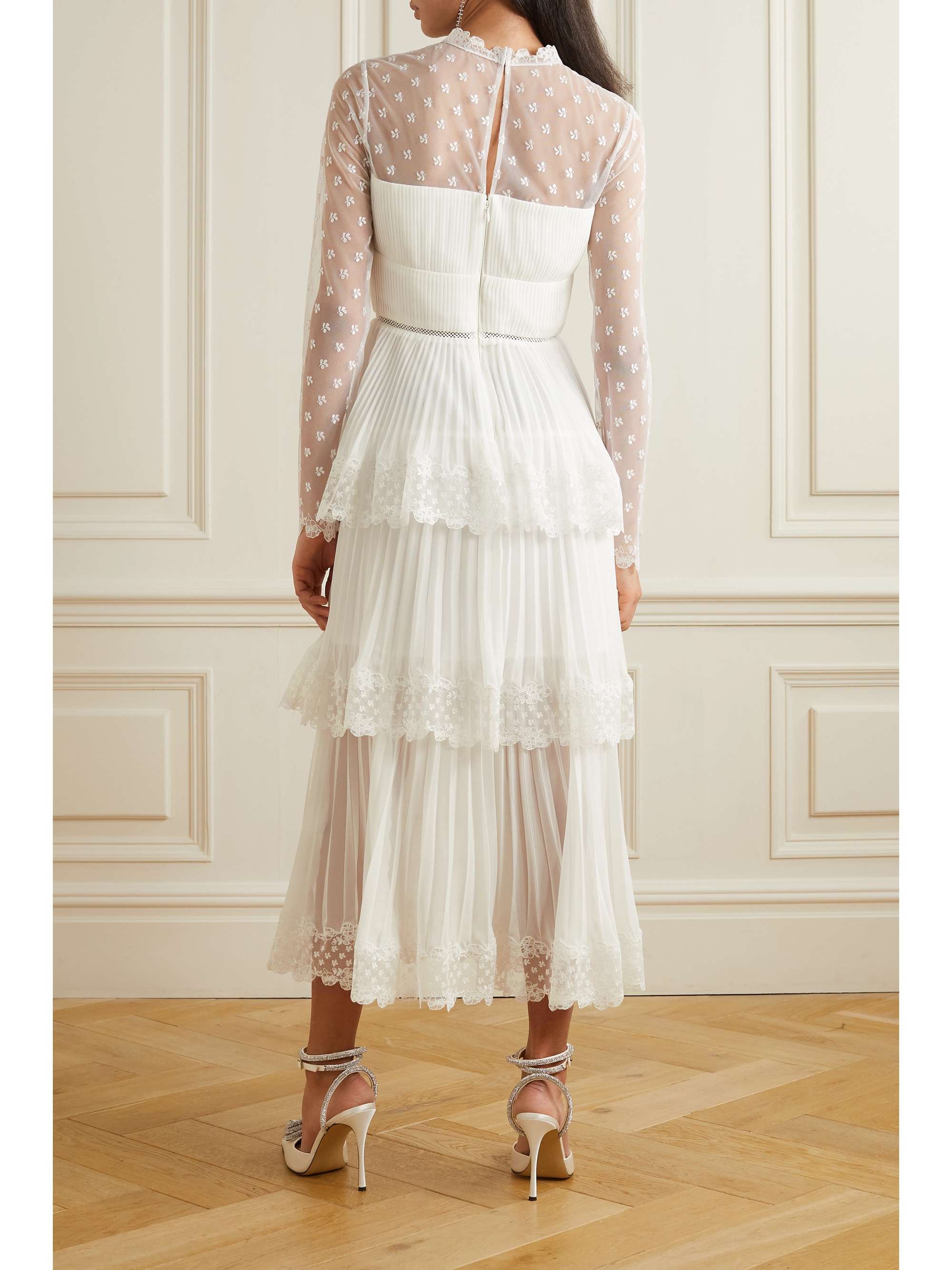 SELF-PORTRAIT Tiered lace-trimmed embroidered tulle and pleated chiffon midi dress
