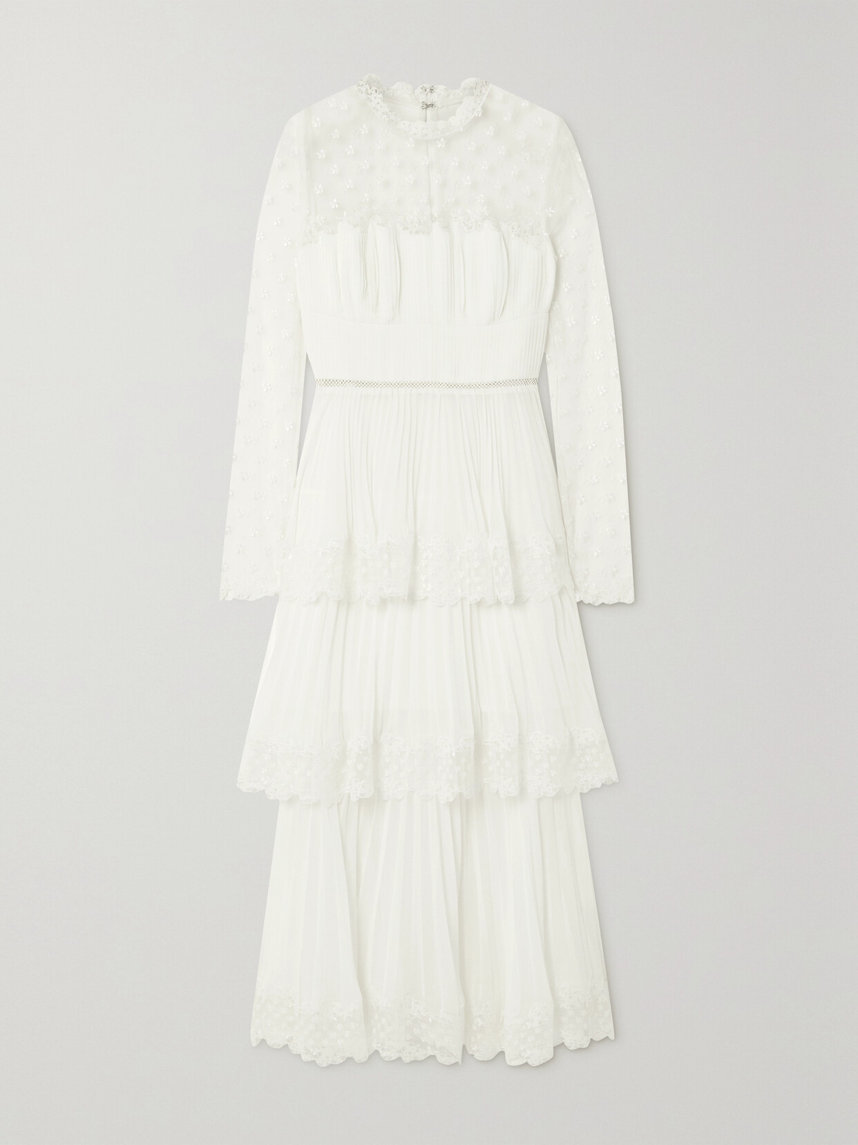Self-Portrait - Tiered Lace-trimmed Embroidered Tulle And Pleated Chiffon Midi Dress - White