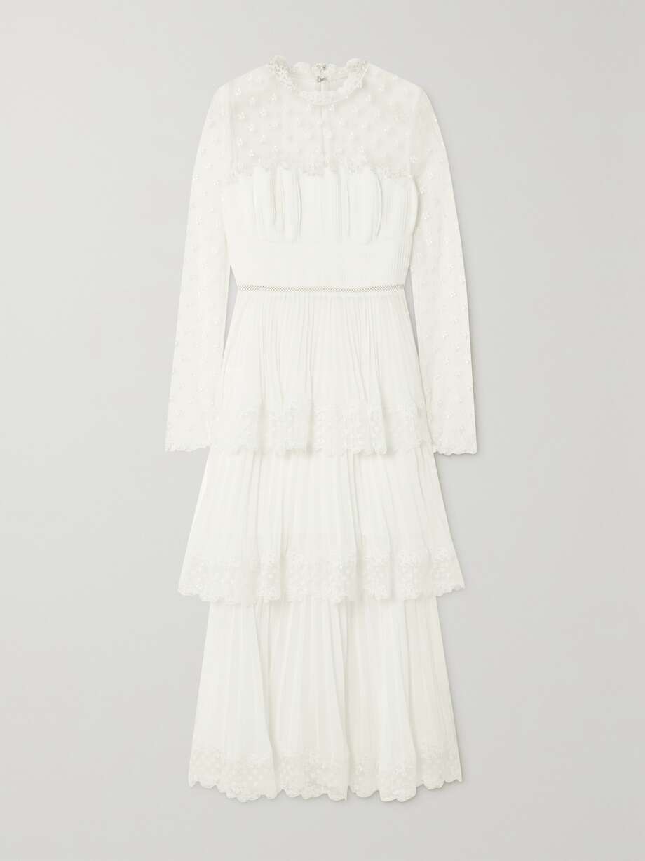 net-a-porter.com | Tiered lace-trimmed embroidered tulle and pleated chiffon midi dress