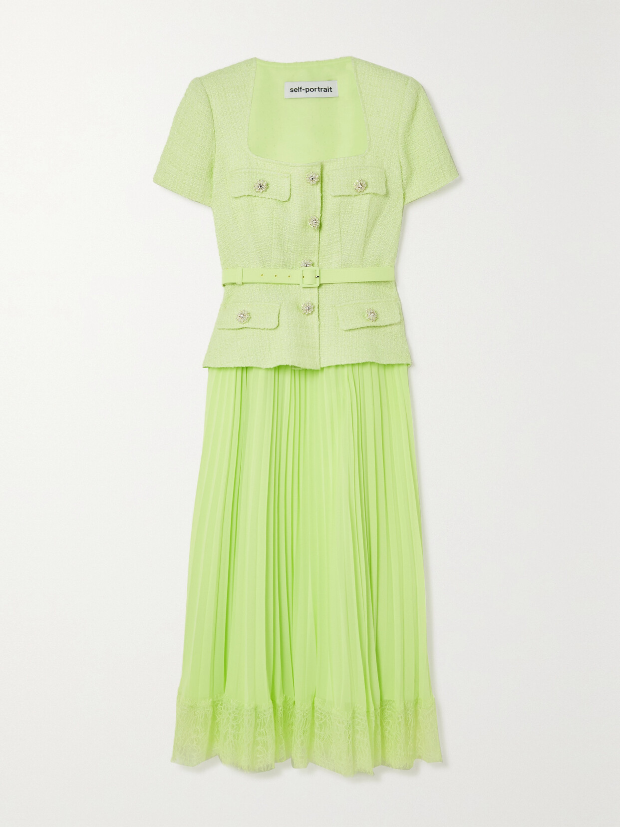 Self-Portrait - Belted Embellished Bouclé And Lace-trimmed Pleated Chiffon Midi Dress - Green