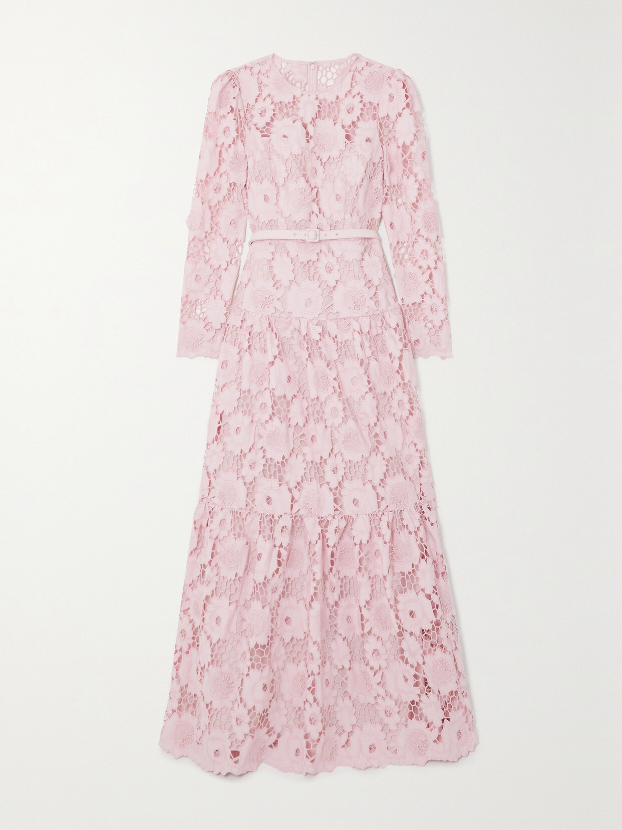 Self-Portrait - Belted Cotton Guipure Lace Maxi Dress - Pink