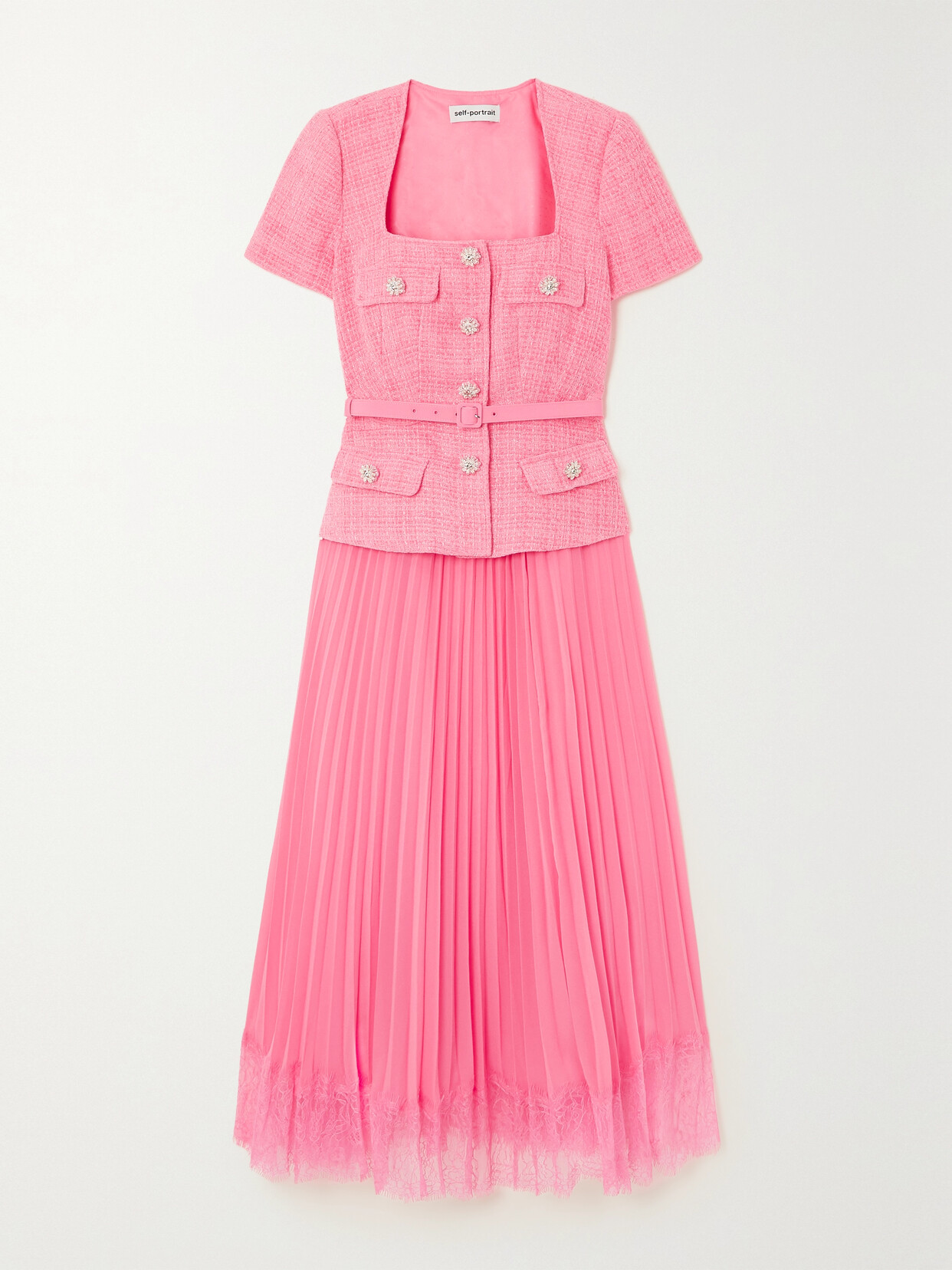 Self-Portrait - Embellished Lace-trimmed Pleated Chiffon And Bouclé Midi Dress - Pink