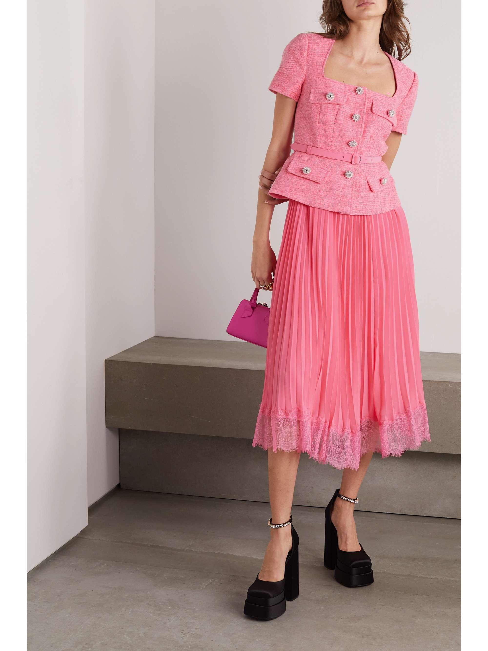 SELFPORTRAIT Embellished lacetrimmed pleated chiffon and bouclé midi