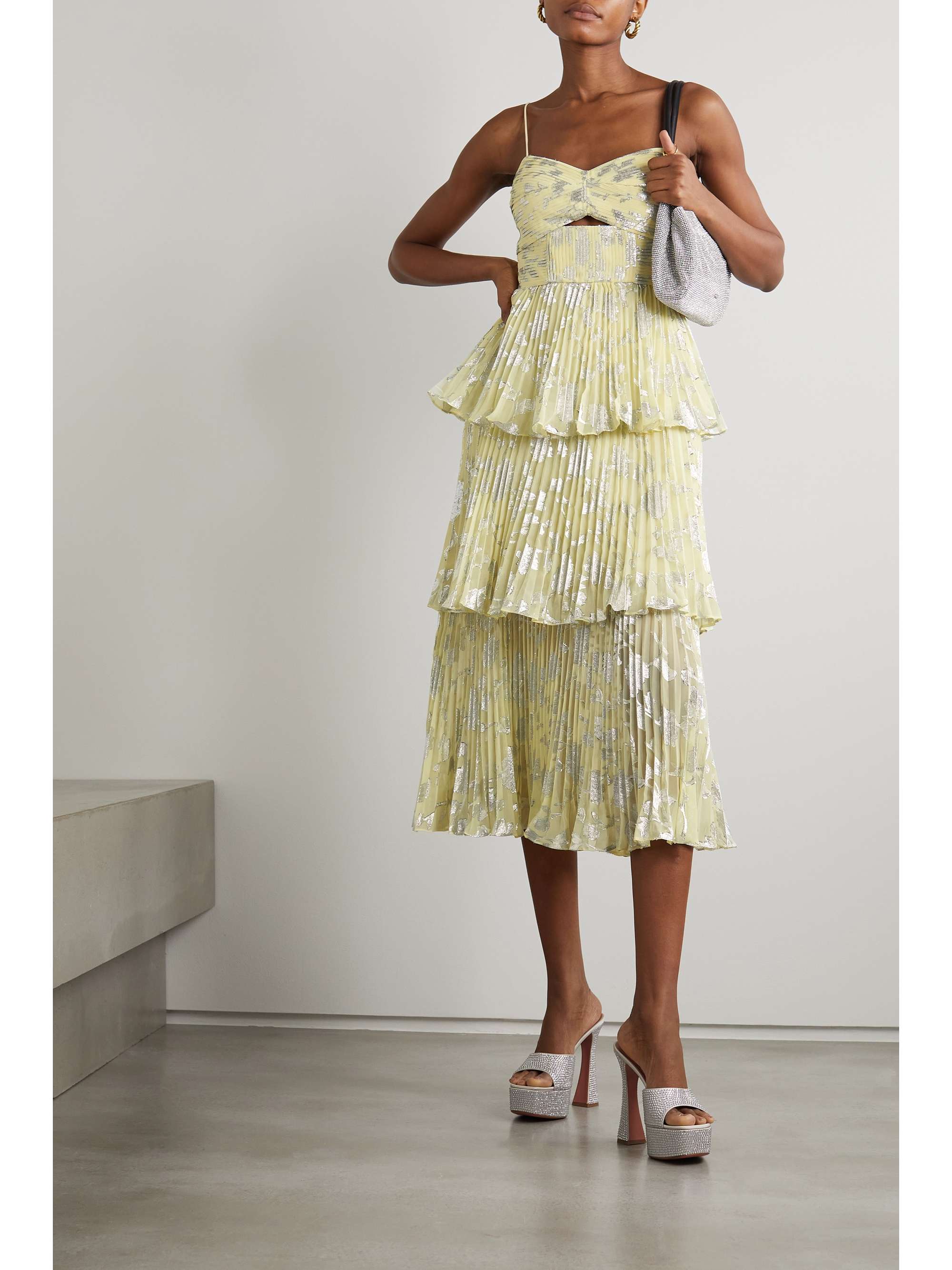 Self Portrait Tiered Plissé Chiffon Jacquard Midi Dress Net A Porter