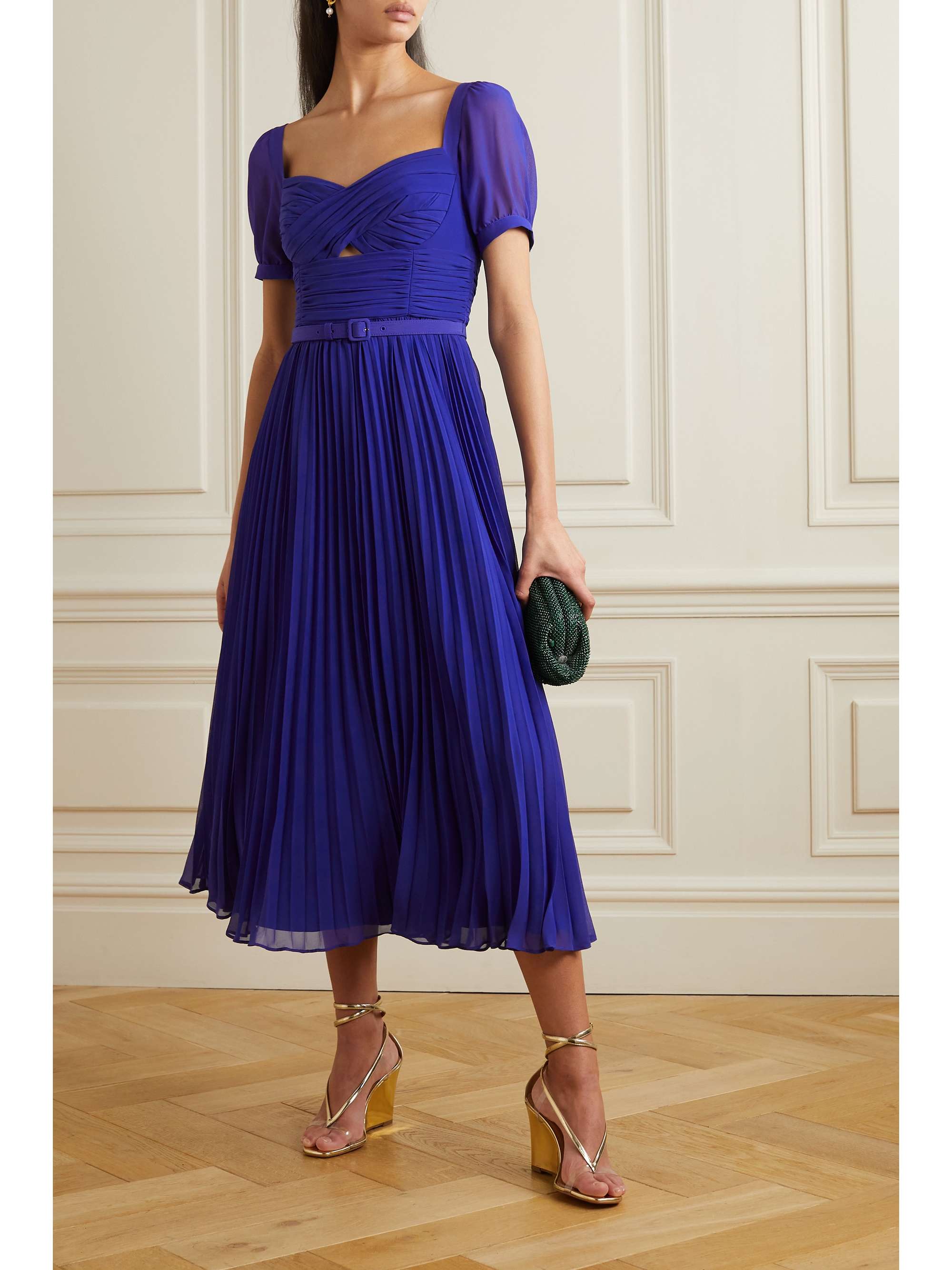 SELF-PORTRAIT Belted cutout pleated chiffon midi dress | NET-A-PORTER