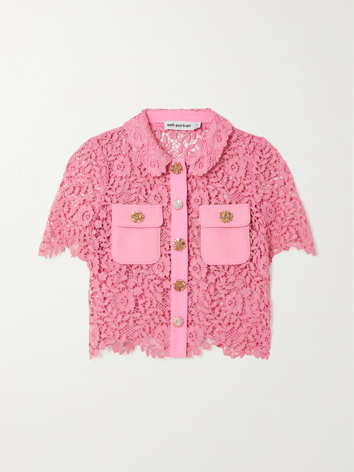 Self-Portrait - Embellished Crepe-trimmed Guipure Lace Shirt - Pink