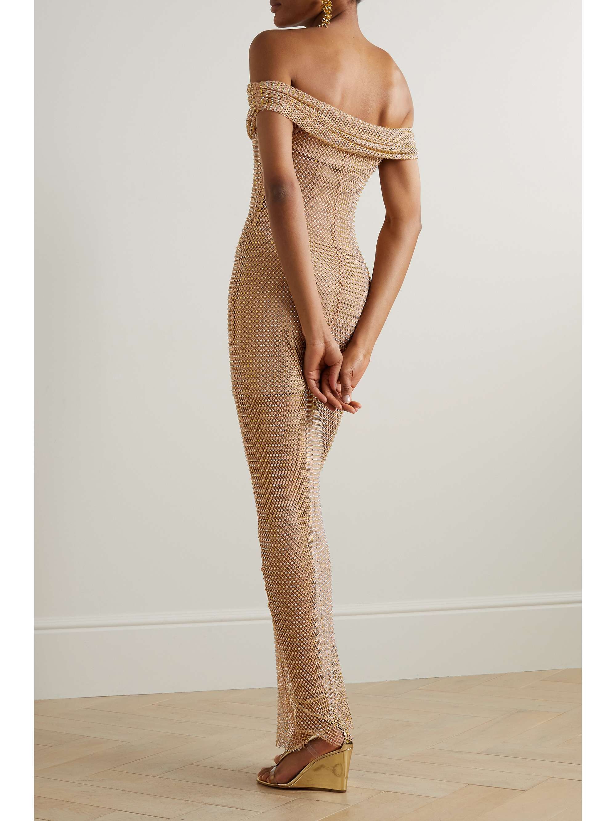 SELF-PORTRAIT Off-the-shoulder embellished macramé gown