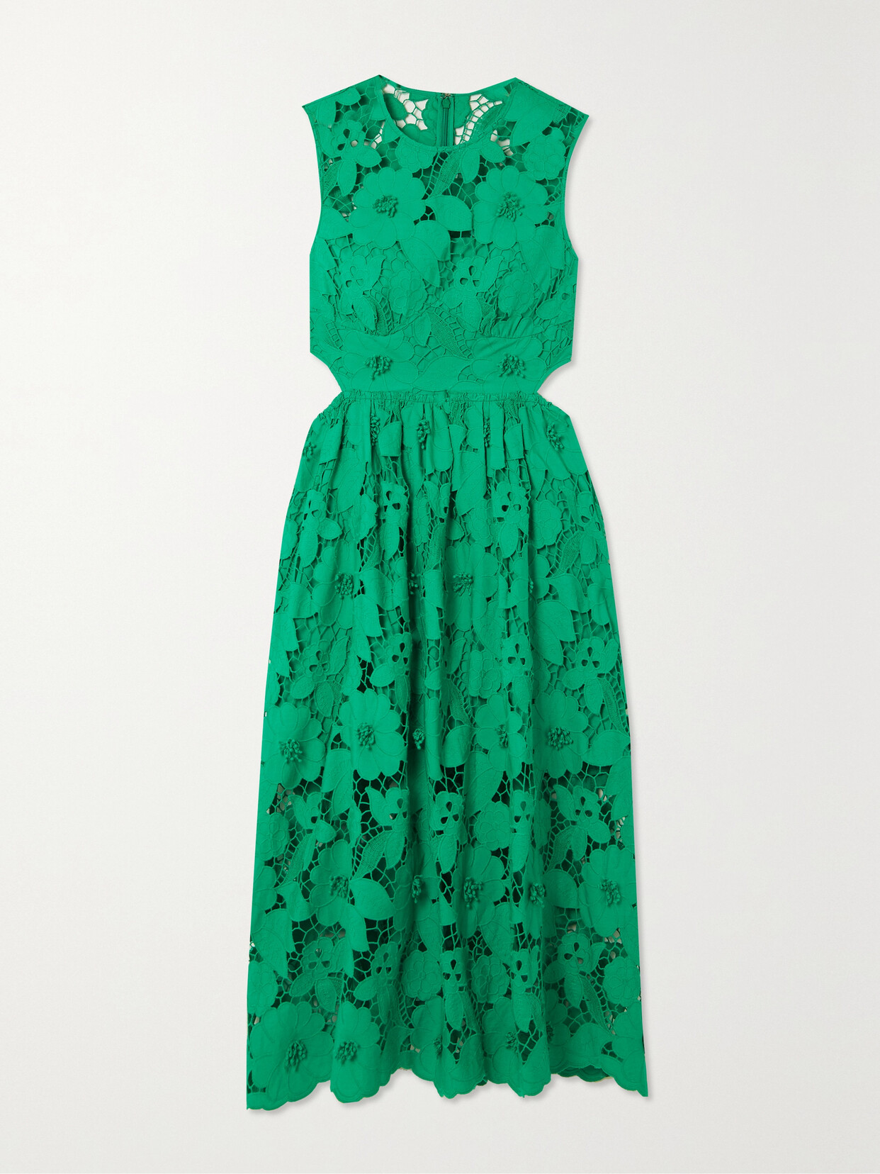 SELF-PORTRAIT CUTOUT EMBROIDERED COTTON AND GUIPURE LACE MIDI DRESS